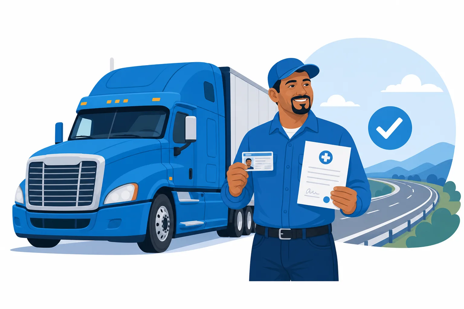 Chofer latino junto a un camión de carga con su licencia CDL y el certificado médico DOT en la mano