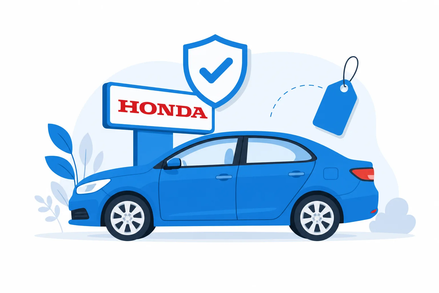 Ilustración de un carro compacto de perfil con una insignia de confianza y una etiqueta de precio