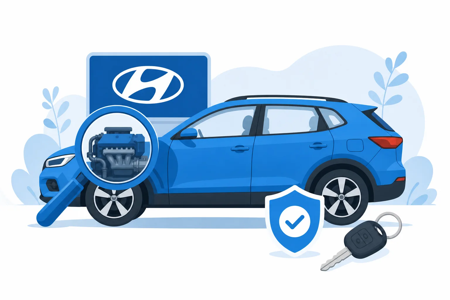 Ilustración plana de un carro Hyundai visto de perfil con una lupa revisando el motor y una llave de garantía