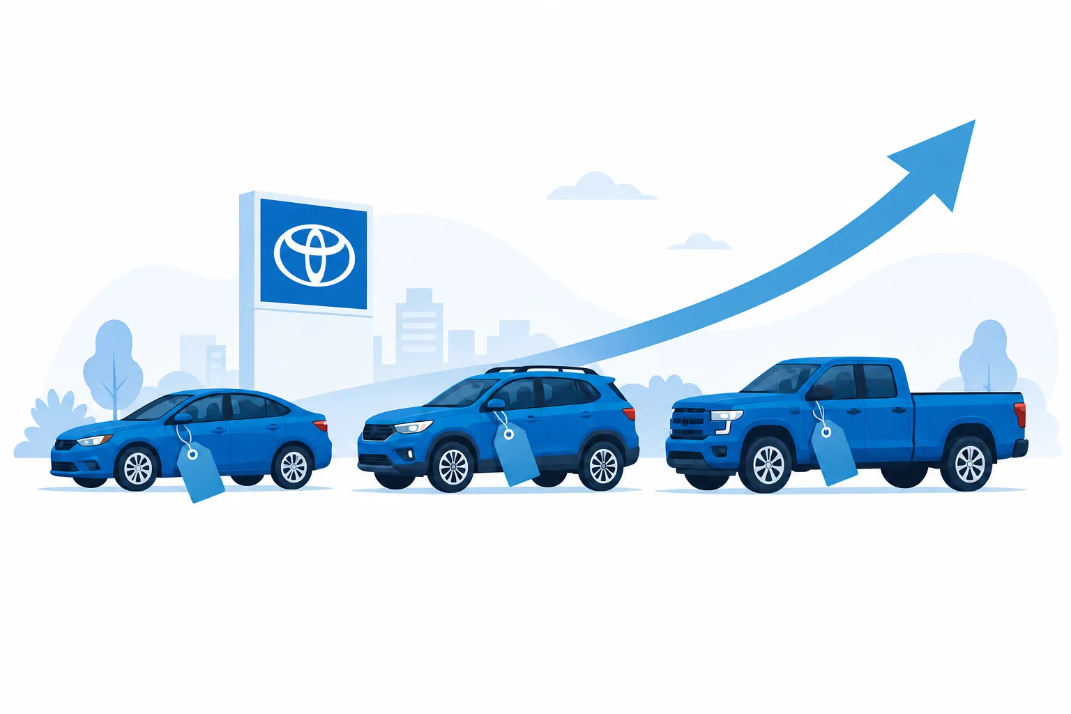 Toyota Tacoma, Corolla y RAV4 con etiquetas de valor de reventa, ilustración plana en azul