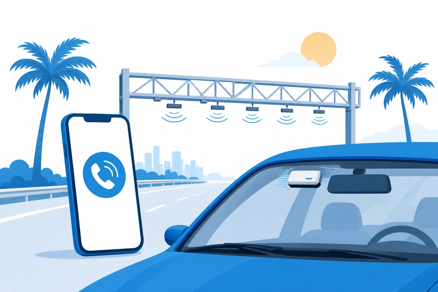 Transponder SunPass en el parabrisas de un carro y teléfono de atención en español frente a un peaje de Florida