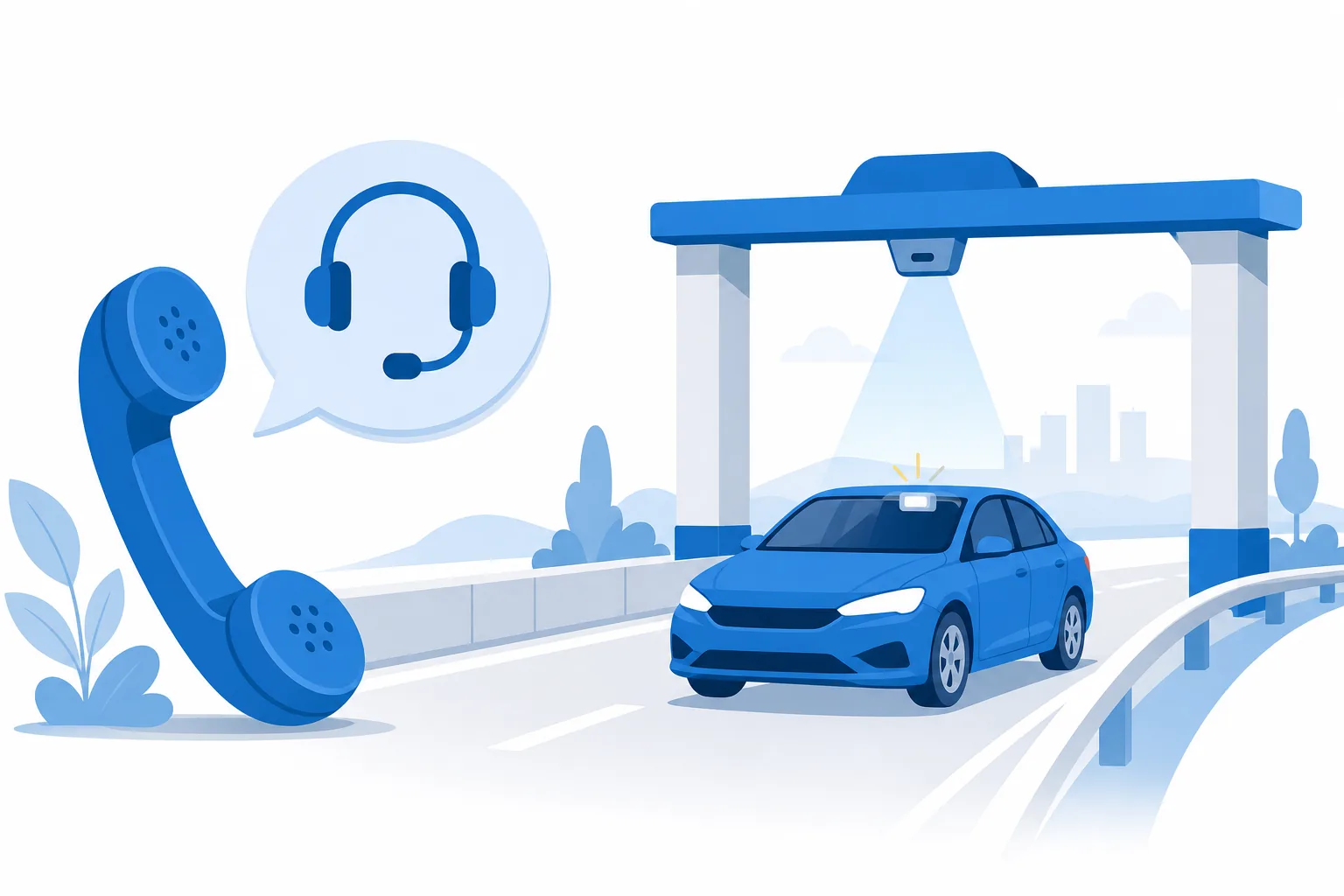 Carro pasando bajo un pórtico de peaje del Illinois Tollway junto a un teléfono de atención al cliente