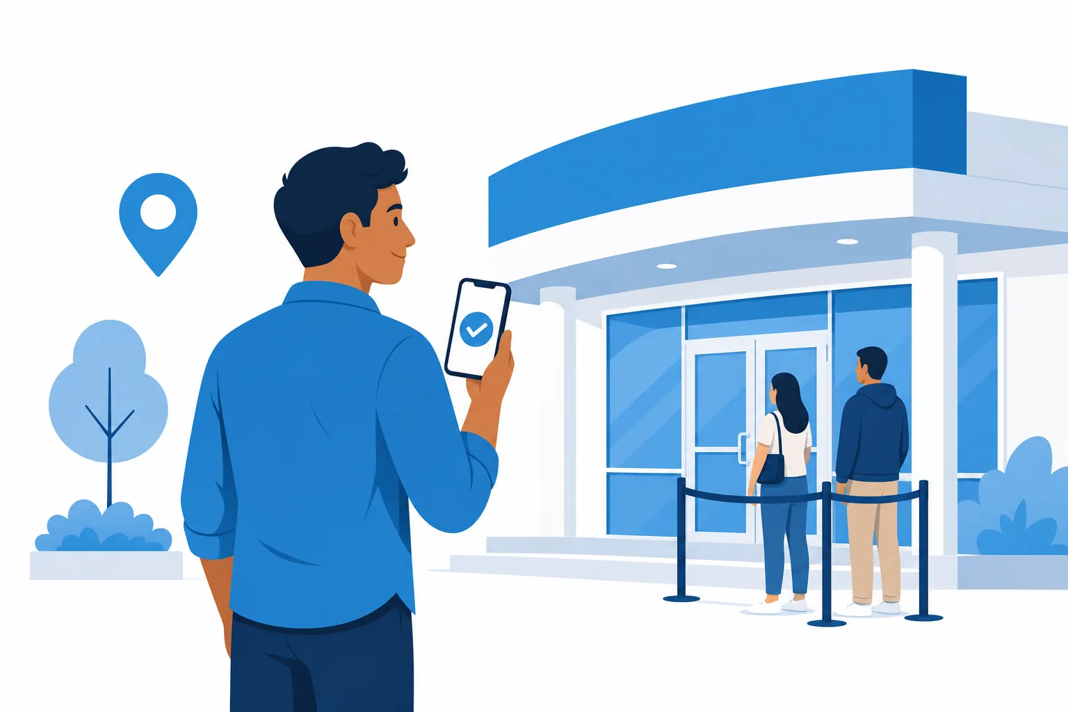 Ilustración plana de una persona latina frente a una oficina del DMV con el ícono de una cita confirmada en el teléfono