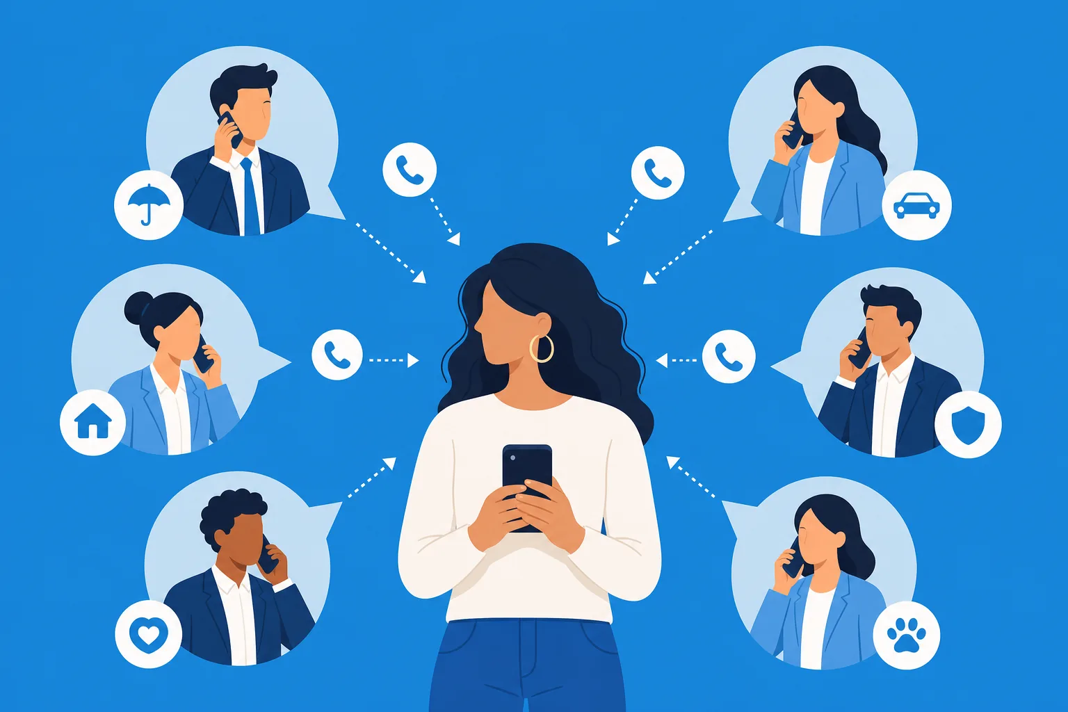 Ilustración de un comparador de seguros que reparte los datos de una persona entre varios agentes que la llaman por teléfono