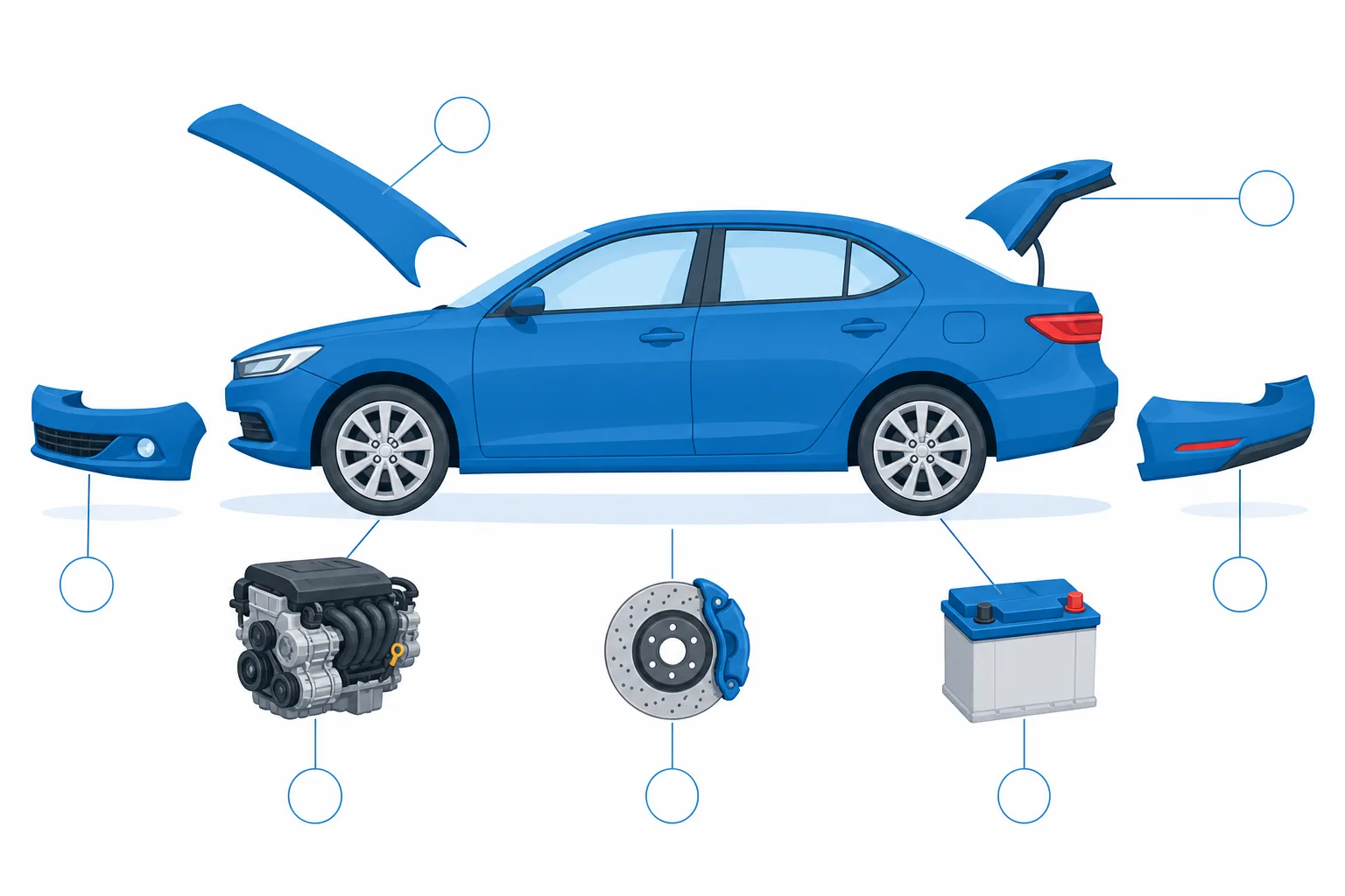 Diagrama de un carro con las partes etiquetadas en inglés y español por zona