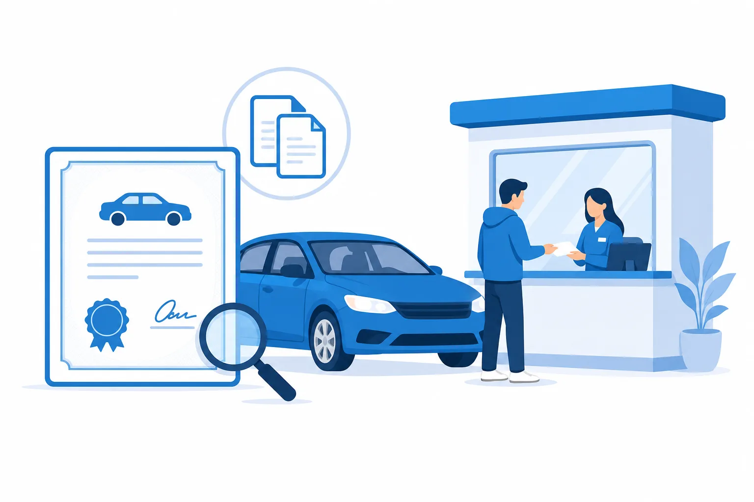 Mano sosteniendo un formulario de duplicado de título de carro frente a una ventanilla del DMV