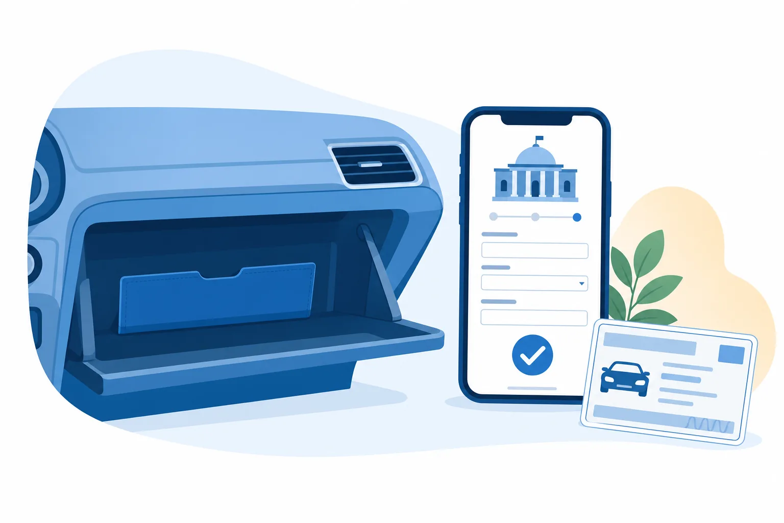 Tarjeta de registración de vehículo perdida y el celular con el sitio del DMV para pedir el duplicado