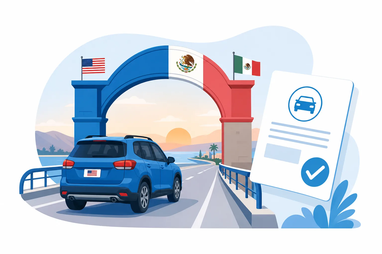 Carro con placas americanas cruzando la frontera hacia México con el permiso de Banjercito