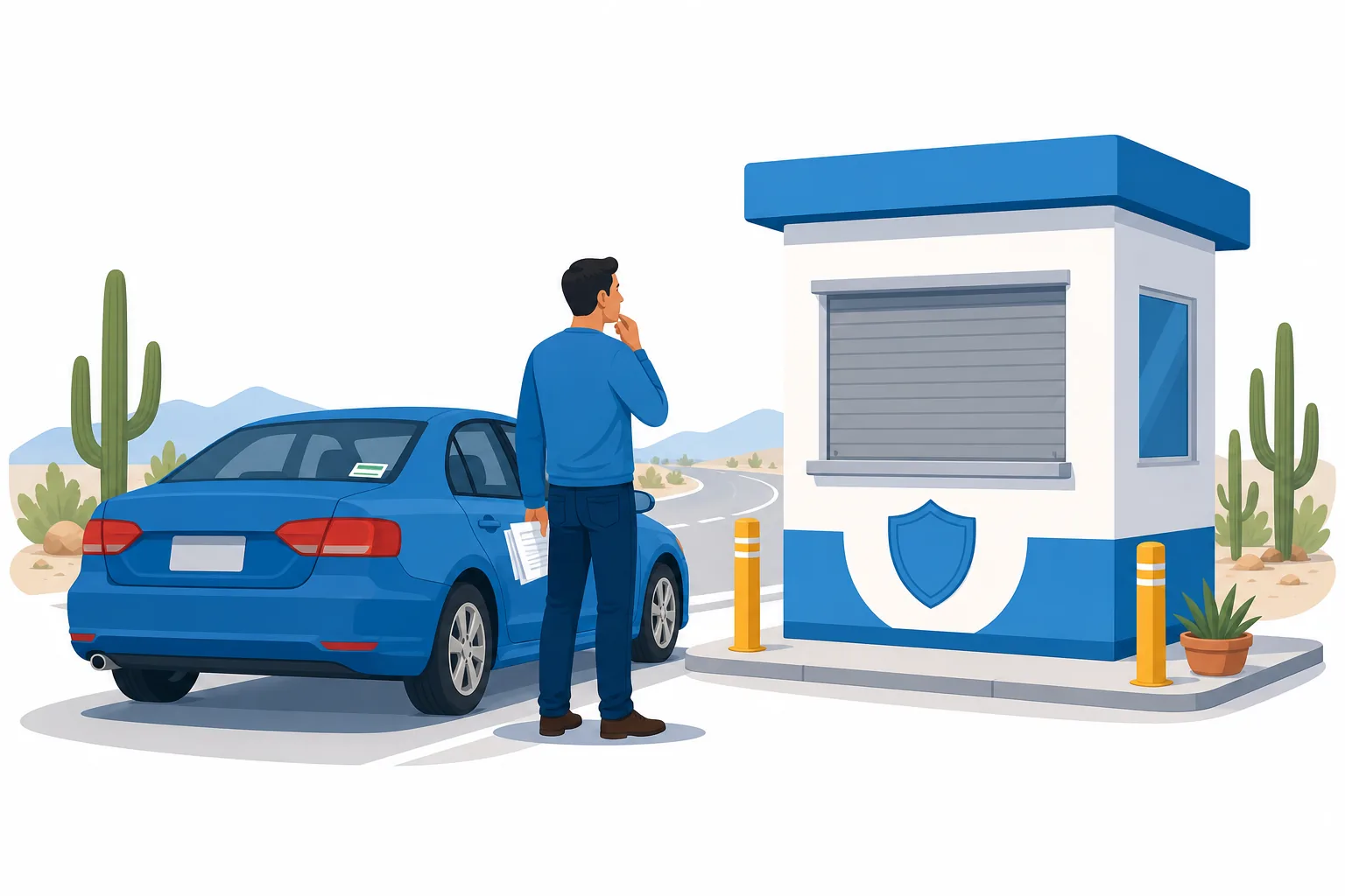 Carro americano con lámina de organización junto a un módulo oficial de regularización cerrado en México