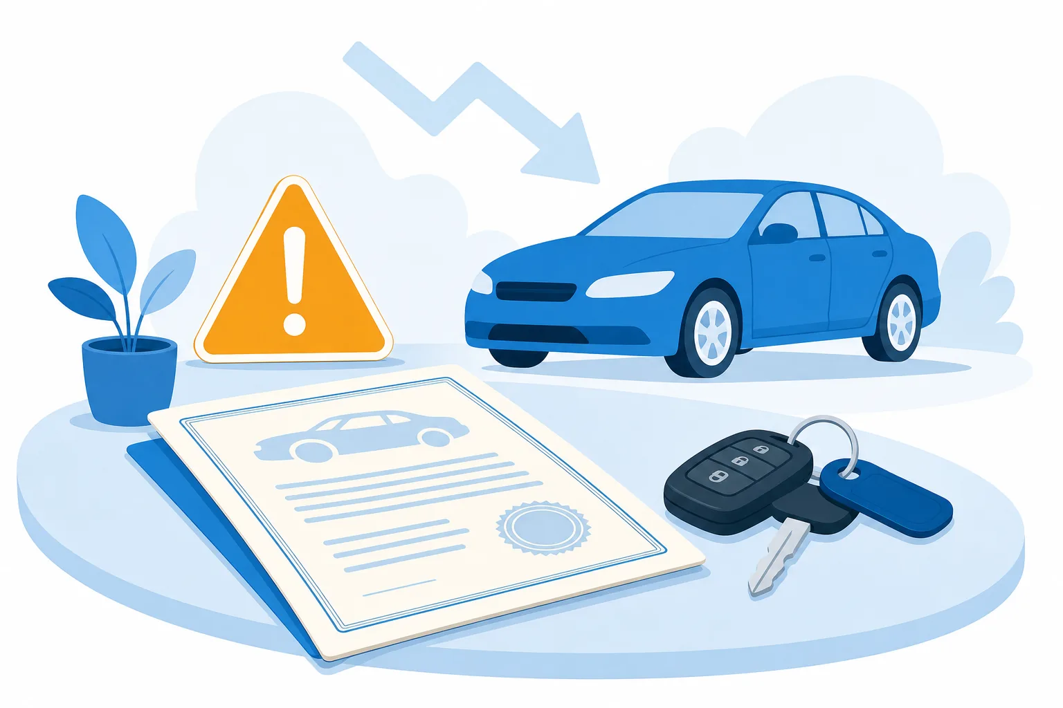 Ilustración de un título de carro y llaves sobre una mesa con un signo de advertencia y un carro de fondo