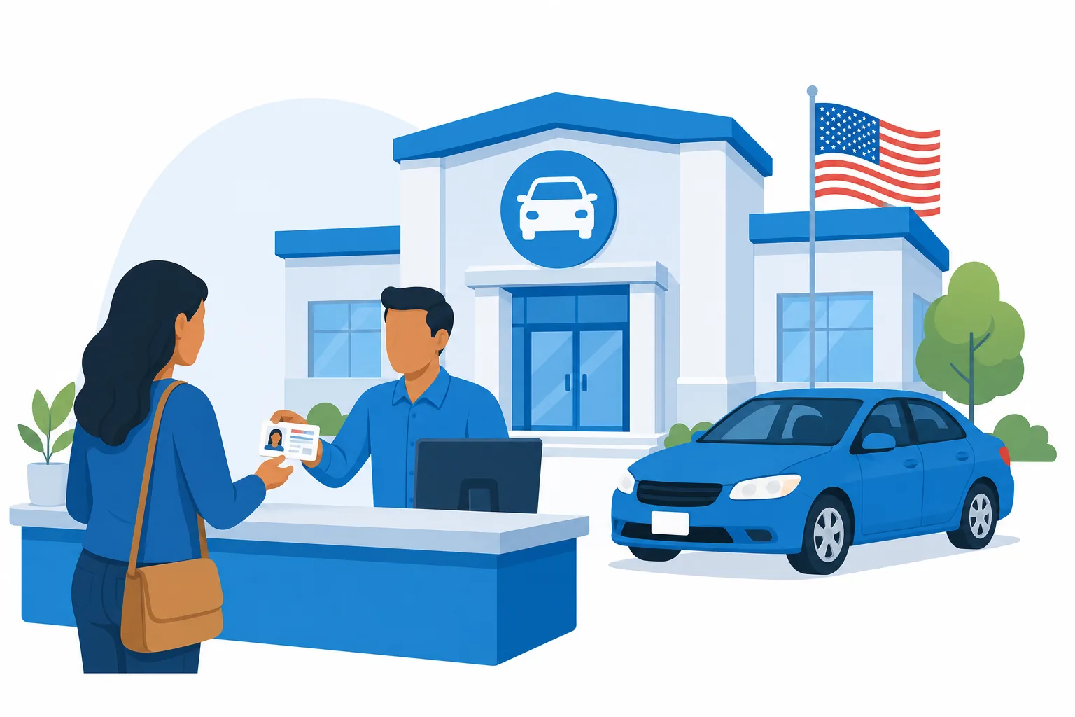 Fachada de una oficina del DMV en Estados Unidos con letrero y personas haciendo fila para trámites de licencia y placas.