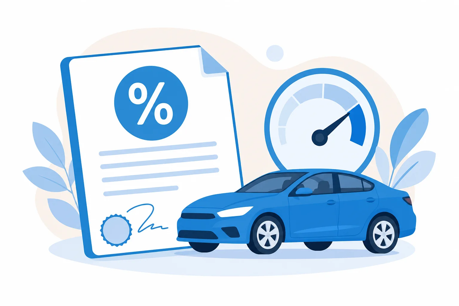 Ilustración de un contrato de préstamo de carro con el APR resaltado como porcentaje, junto a un carro y un medidor de porcentaje