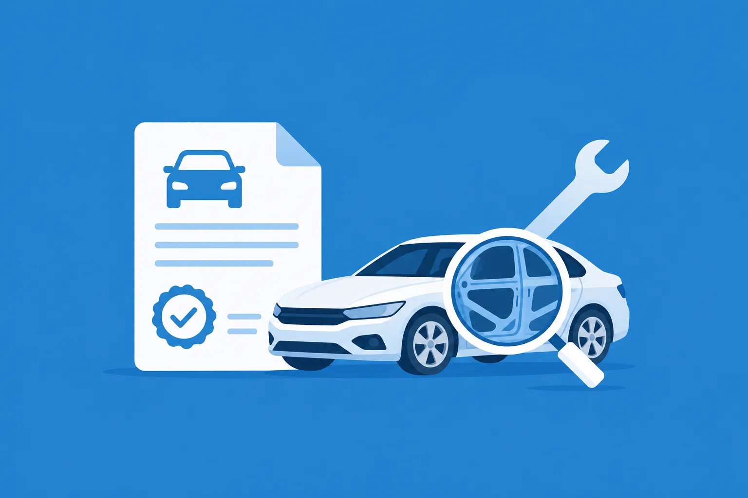 Documento de título de carro con la marca Rebuilt Salvage y un carro reparado al lado