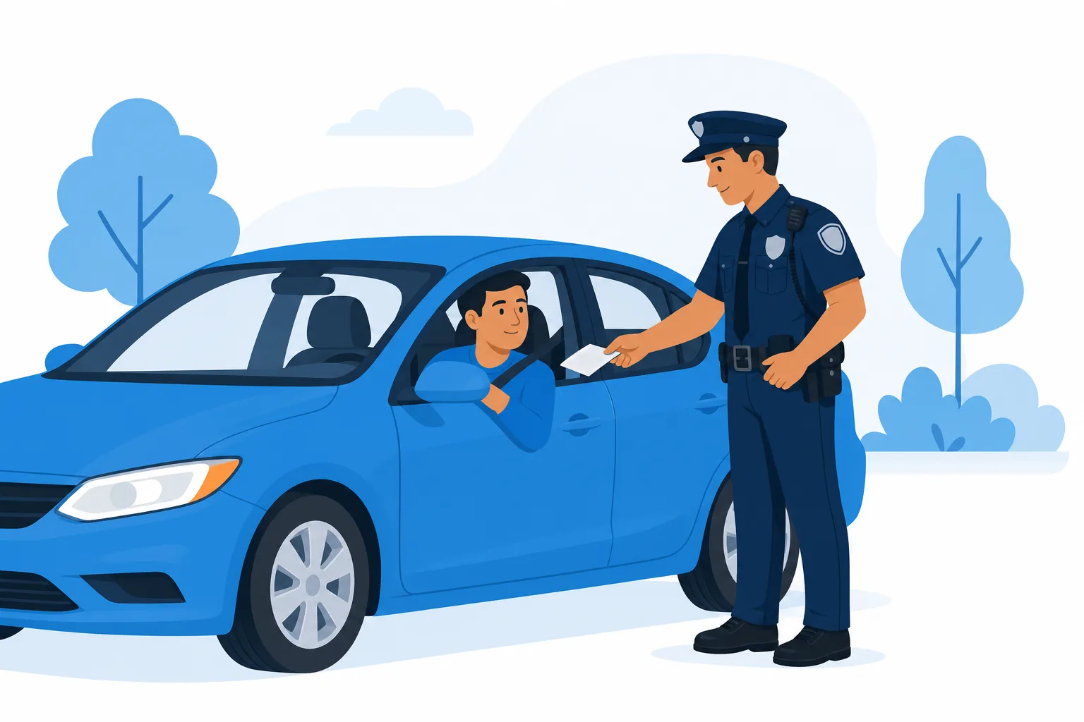 Ilustración de un oficial de policía entregando un warning escrito a un conductor tranquilo en una parada de tráfico