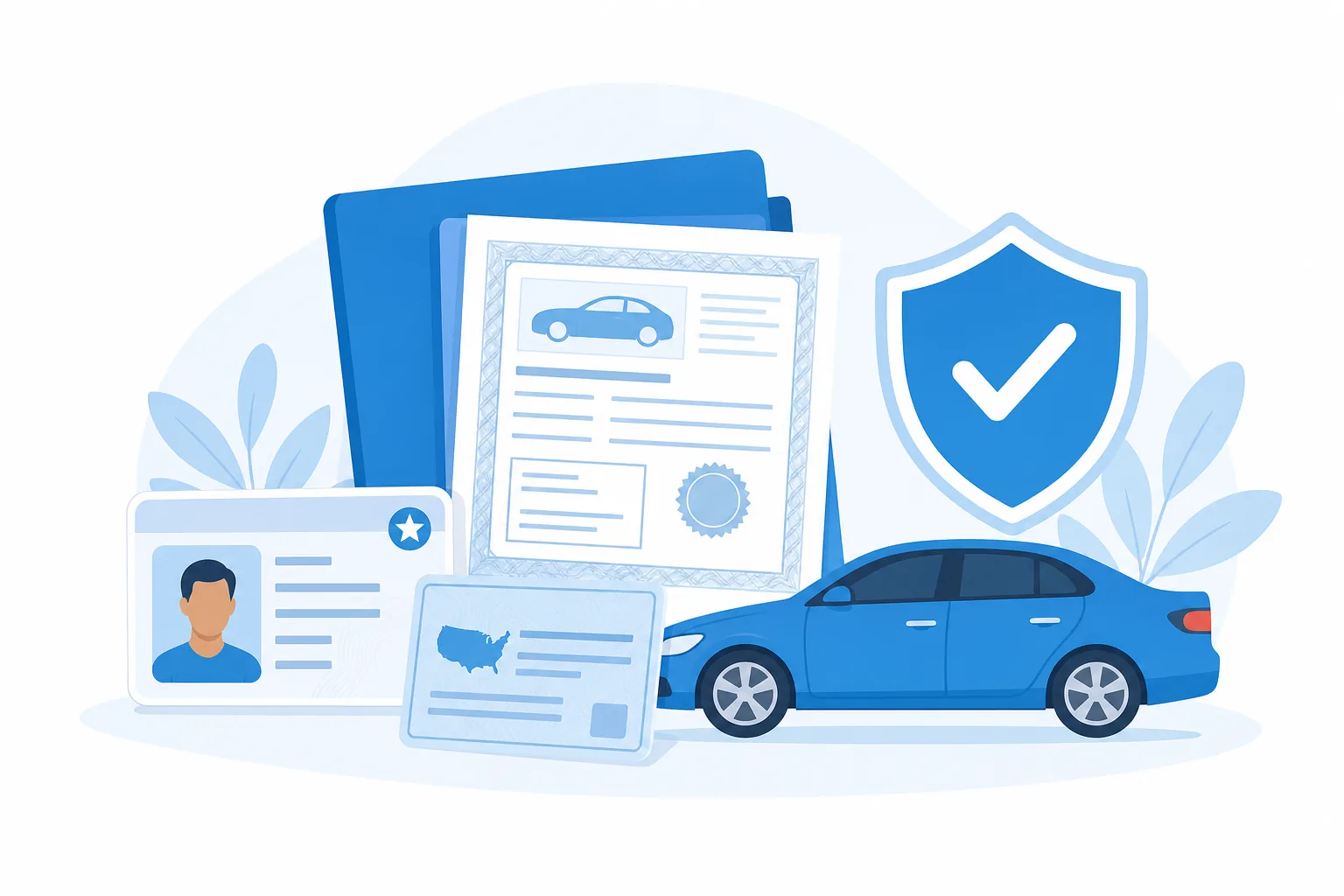 Documentos para asegurar un carro en USA: licencia, título del carro e ITIN sobre una mesa