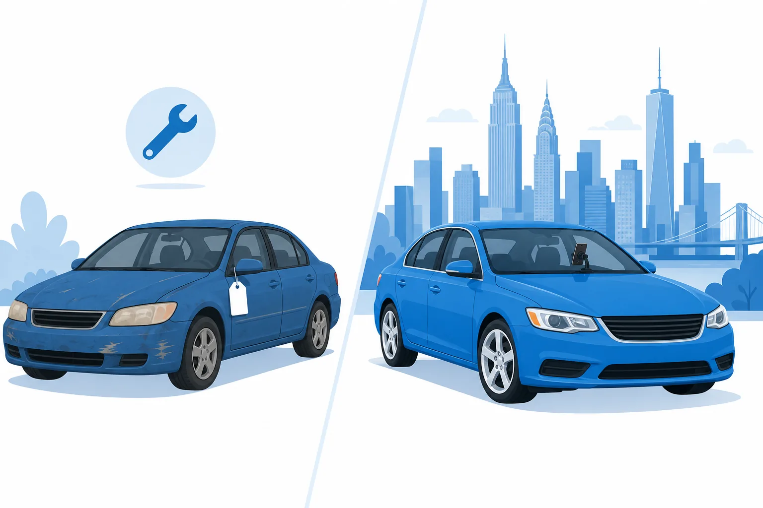 Carro usado en venta que necesita arreglos junto a un carro de app de viajes con la ciudad de Nueva York de fondo