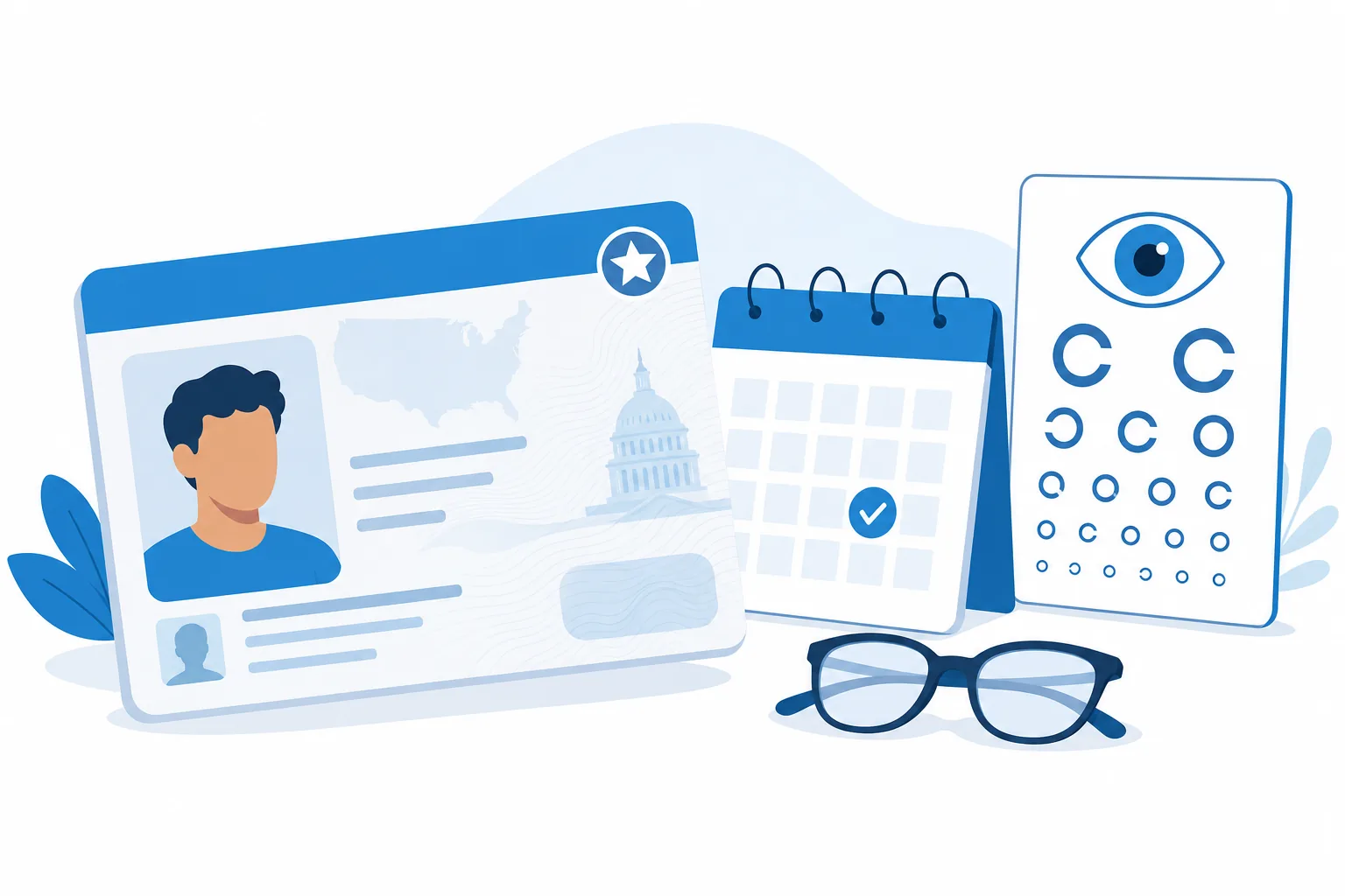 Licencia de conducir de Estados Unidos con una estrella de REAL ID junto a un calendario de renovación y el ícono de un examen de la vista