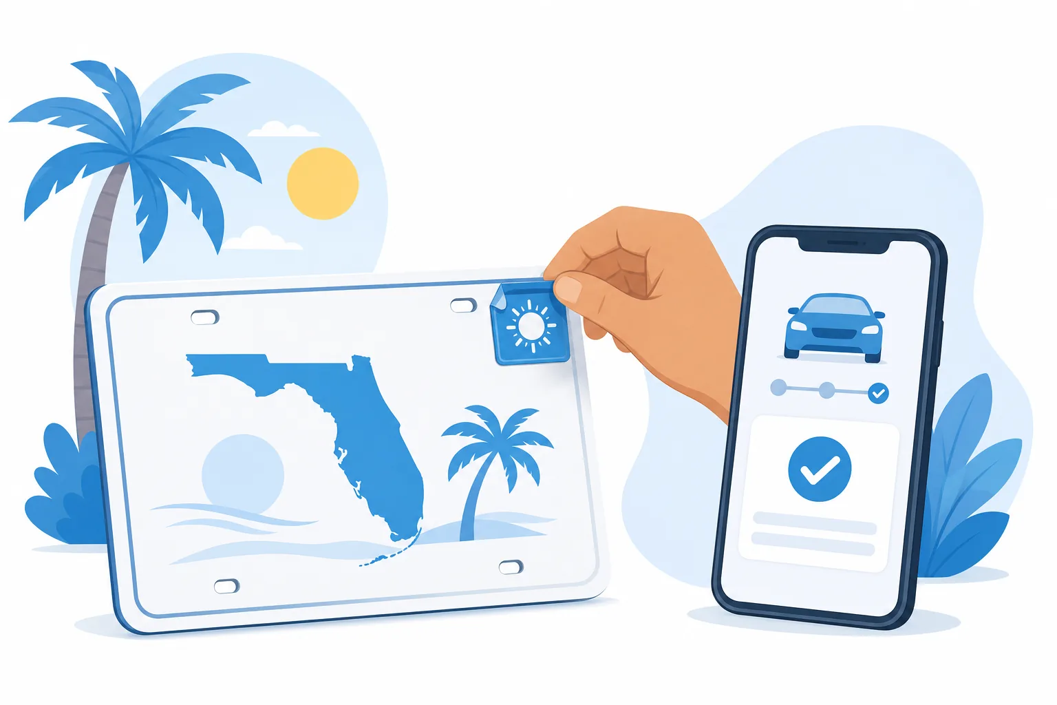 Sticker de registración del año pegado en la placa de un carro en Florida