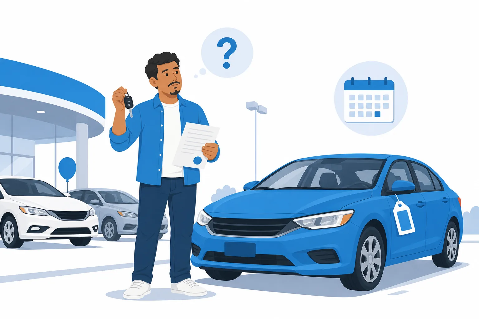 Ilustración de un comprador latino frente a un carro usado en un lote de venta, evaluando si puede devolverlo