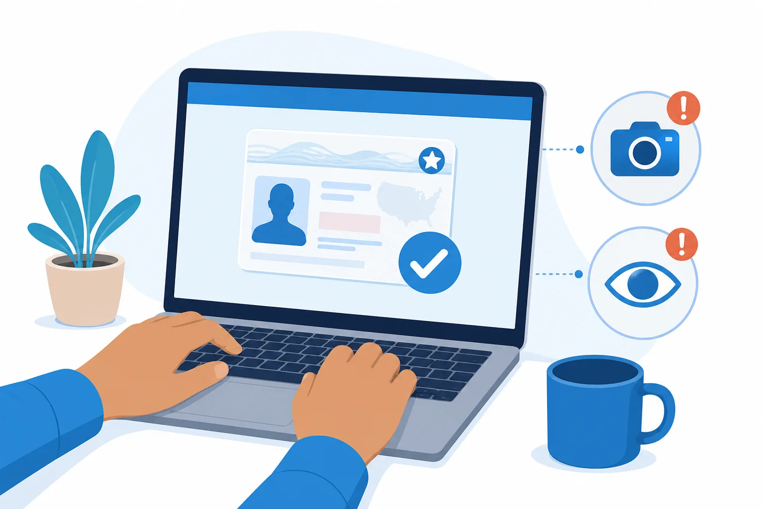 Manos renovando la licencia de conducir por internet desde una computadora, con el sello del DMV