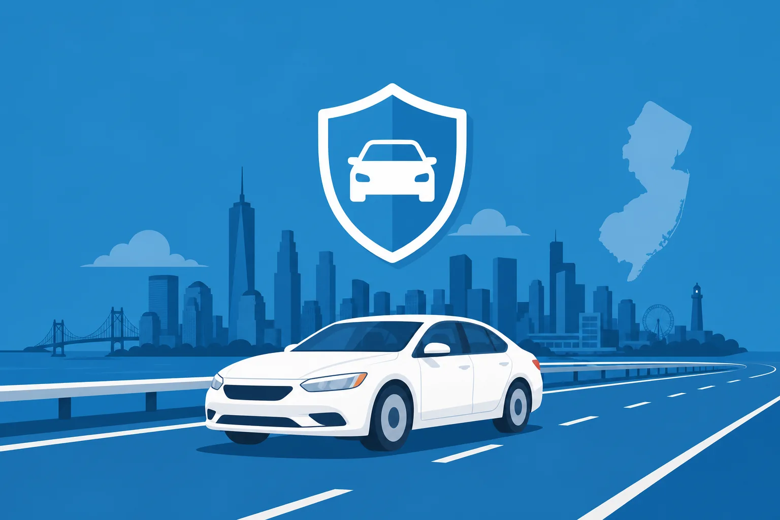Carro en una carretera de New Jersey con la silueta del skyline al fondo y un ícono de escudo de seguro