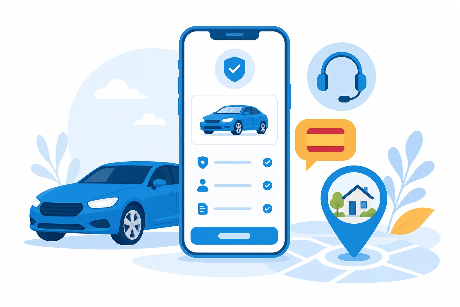 Teléfono celular mostrando la app de State Farm en español junto a un carro azul y un ícono de auricular de atención al cliente
