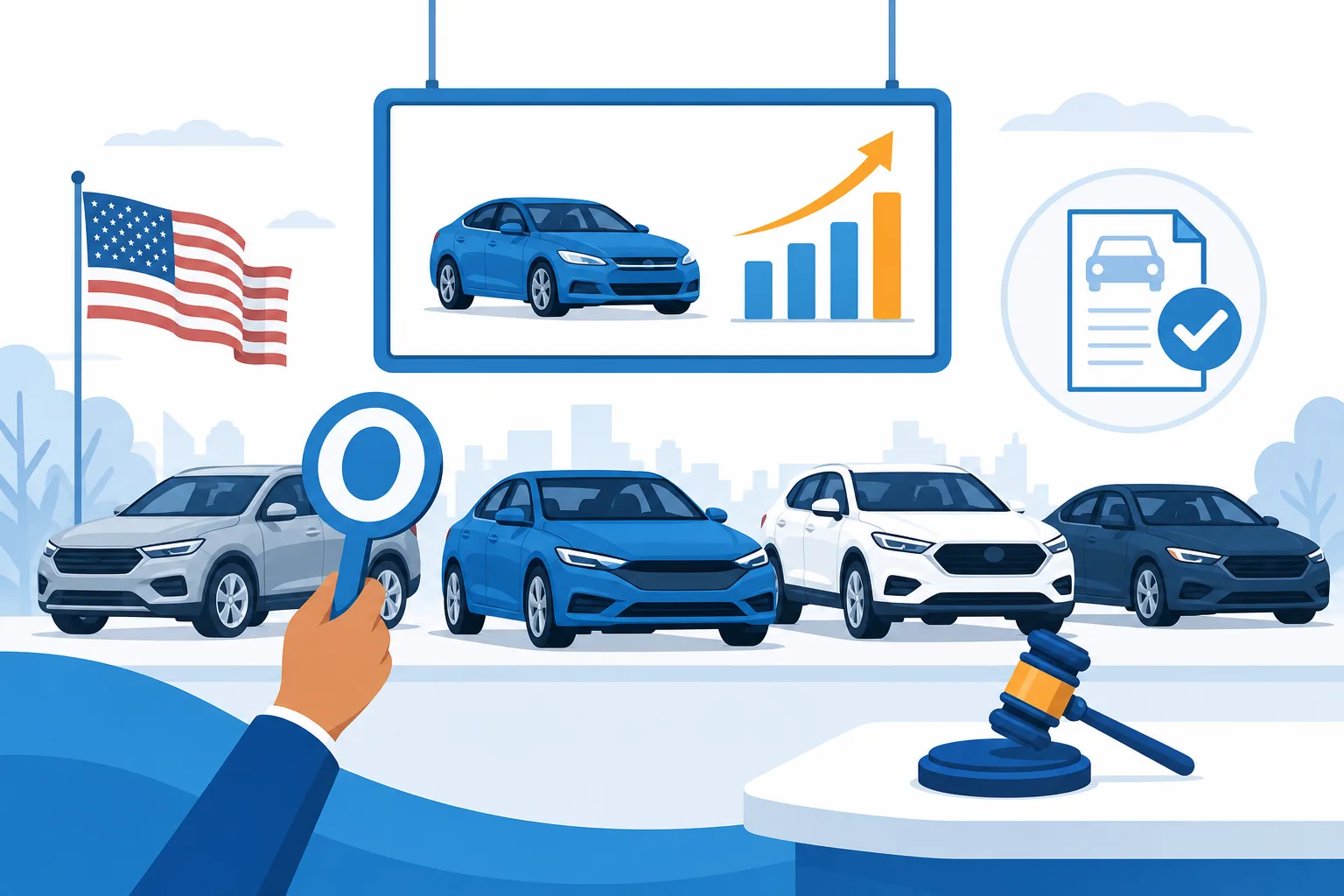Subasta de carros en Estados Unidos con vehículos en fila y un mazo de subasta sobre fondo azul de la marca