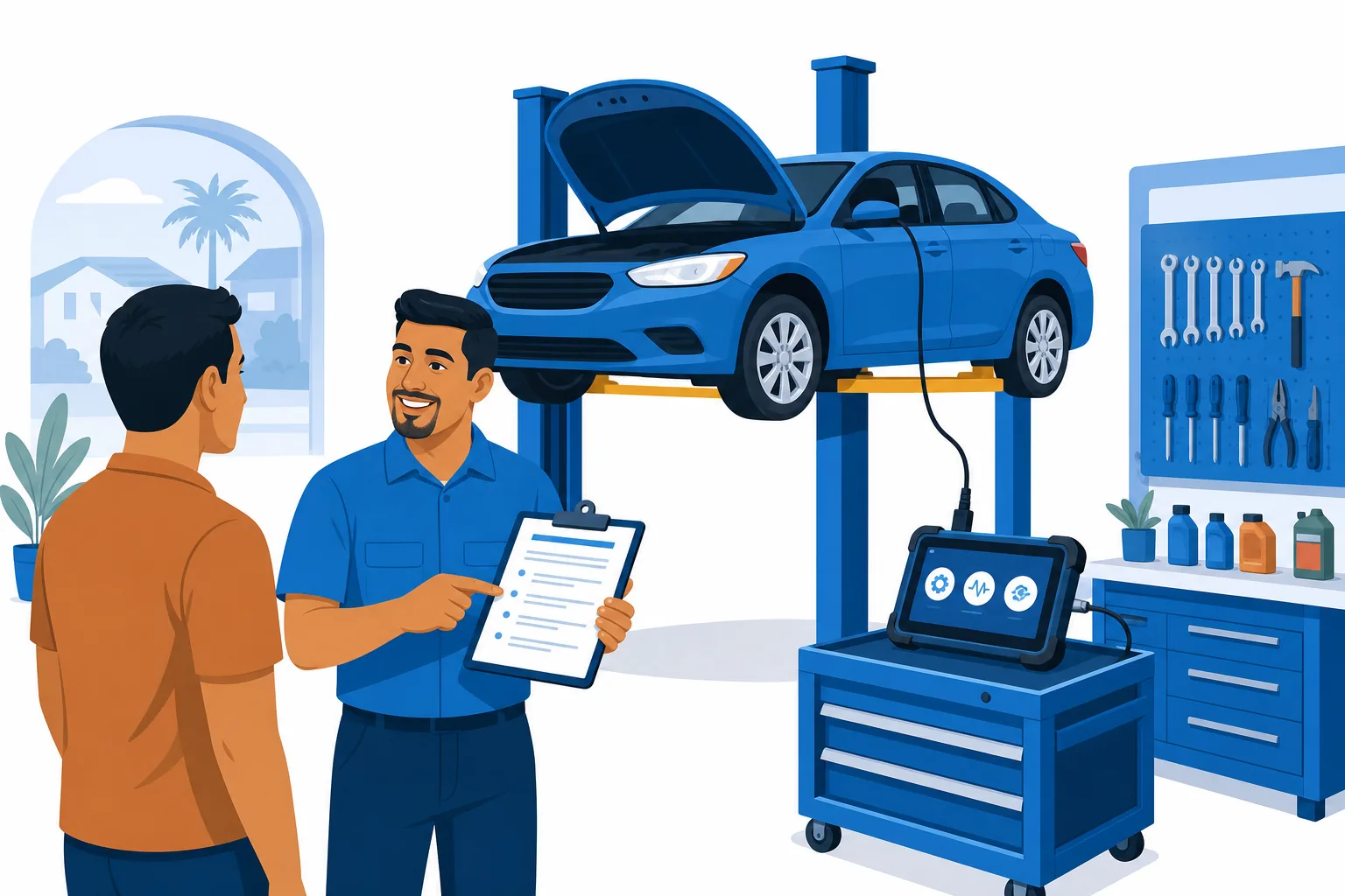 Taller mecánico en Estados Unidos: mecánico revisa el motor de un carro mientras le explica el estimado al cliente