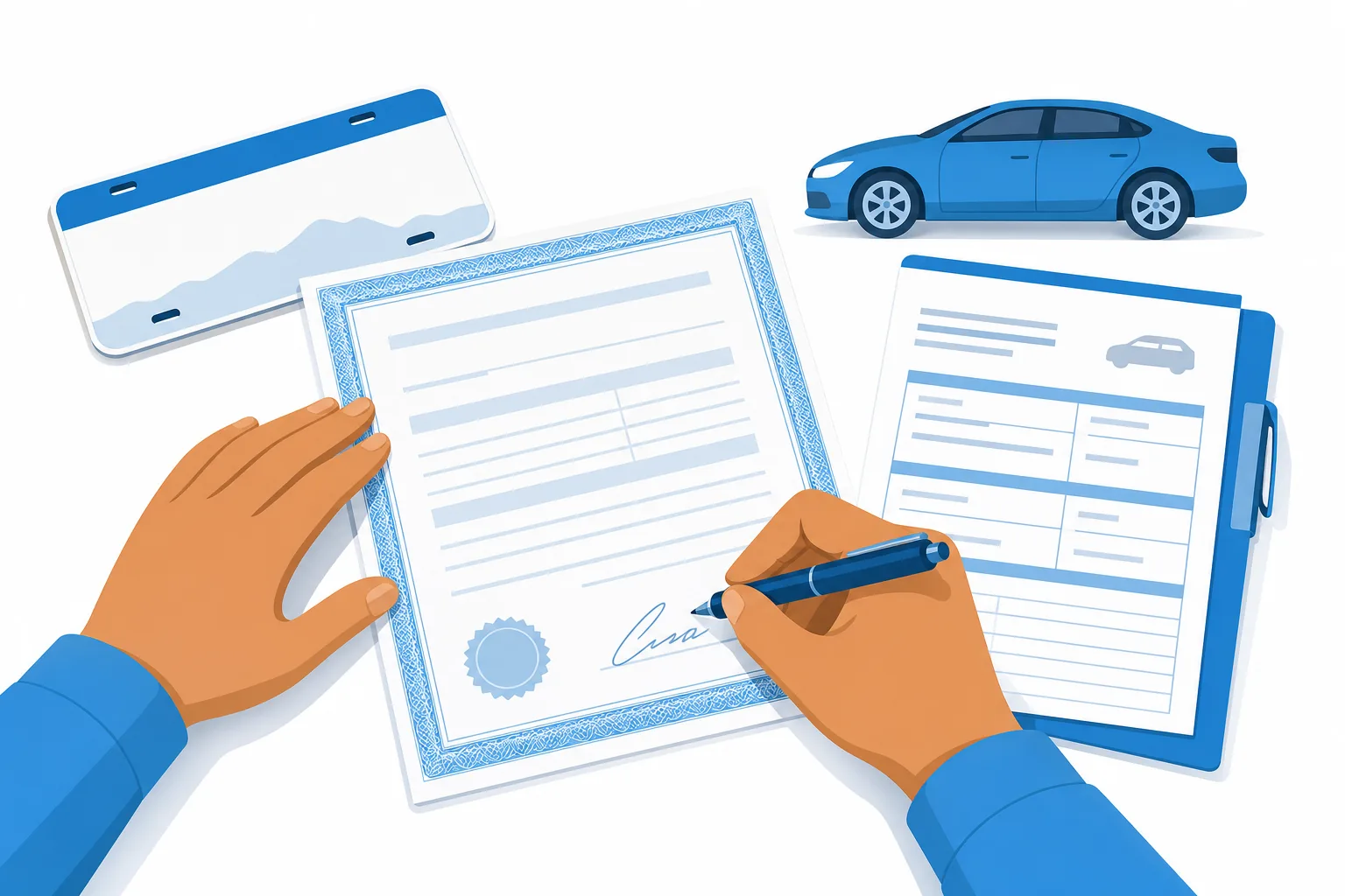 Manos firmando el título de un carro de Florida sobre una mesa, con las placas y el formulario de aviso de venta al lado