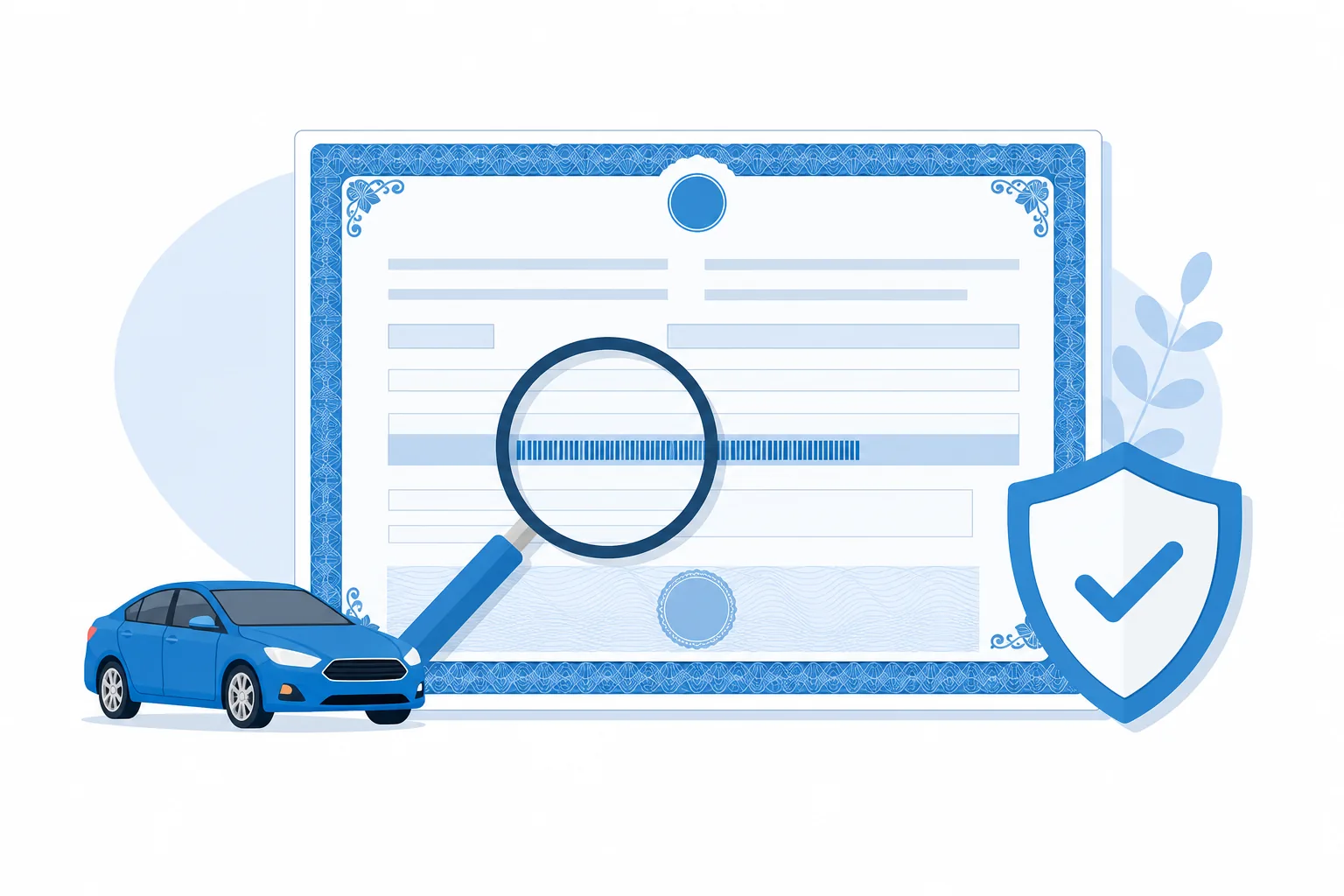 Documento de título de carro limpio junto a una lupa que revisa el número VIN