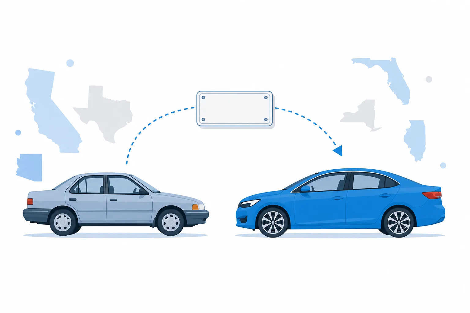 Ilustración de dos carros y una placa que pasa del carro vendido al carro nuevo, con íconos de los estados US.