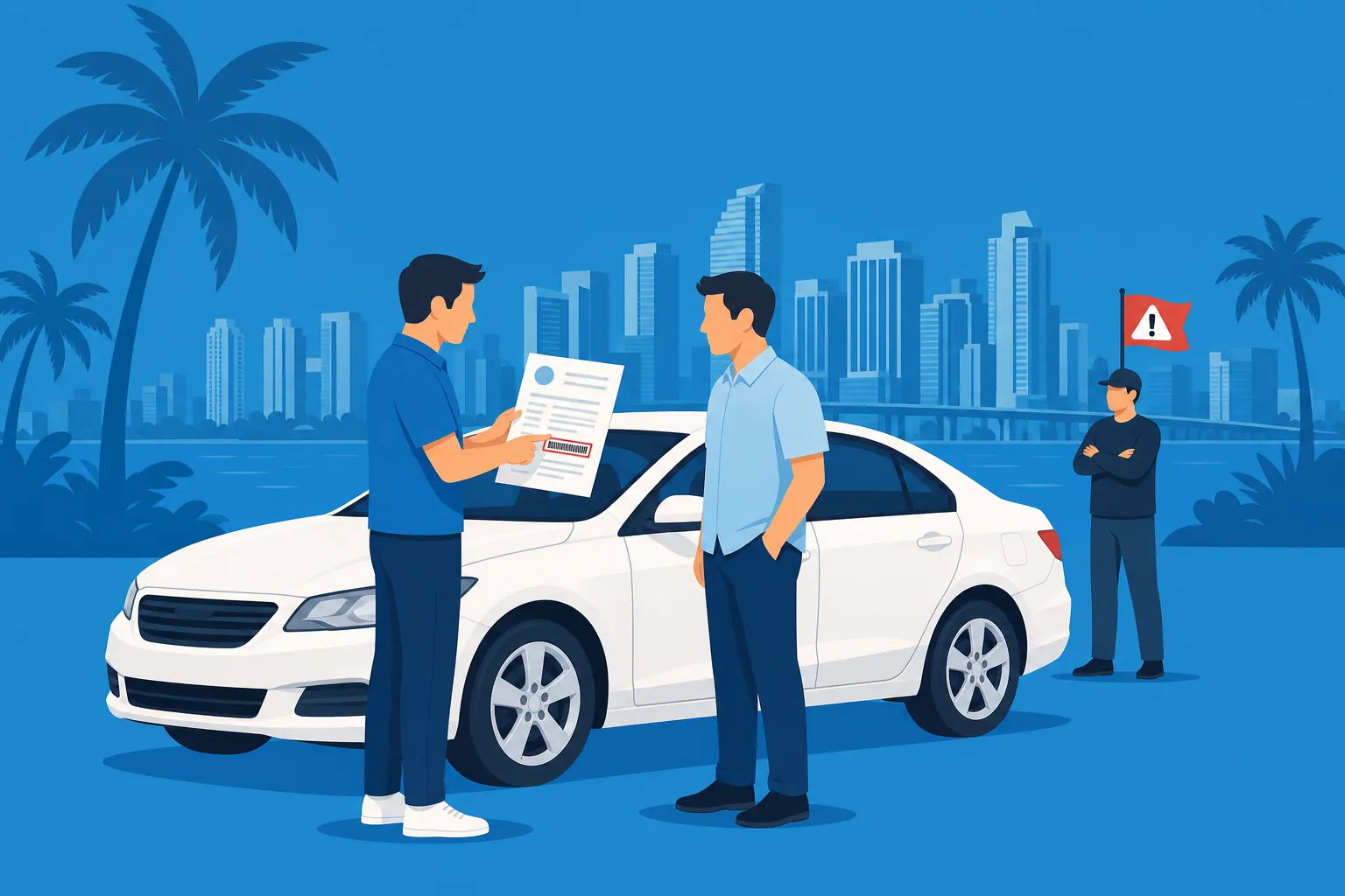 Comprador revisando el título y el VIN de un carro usado antes de comprarlo por dueño en Miami