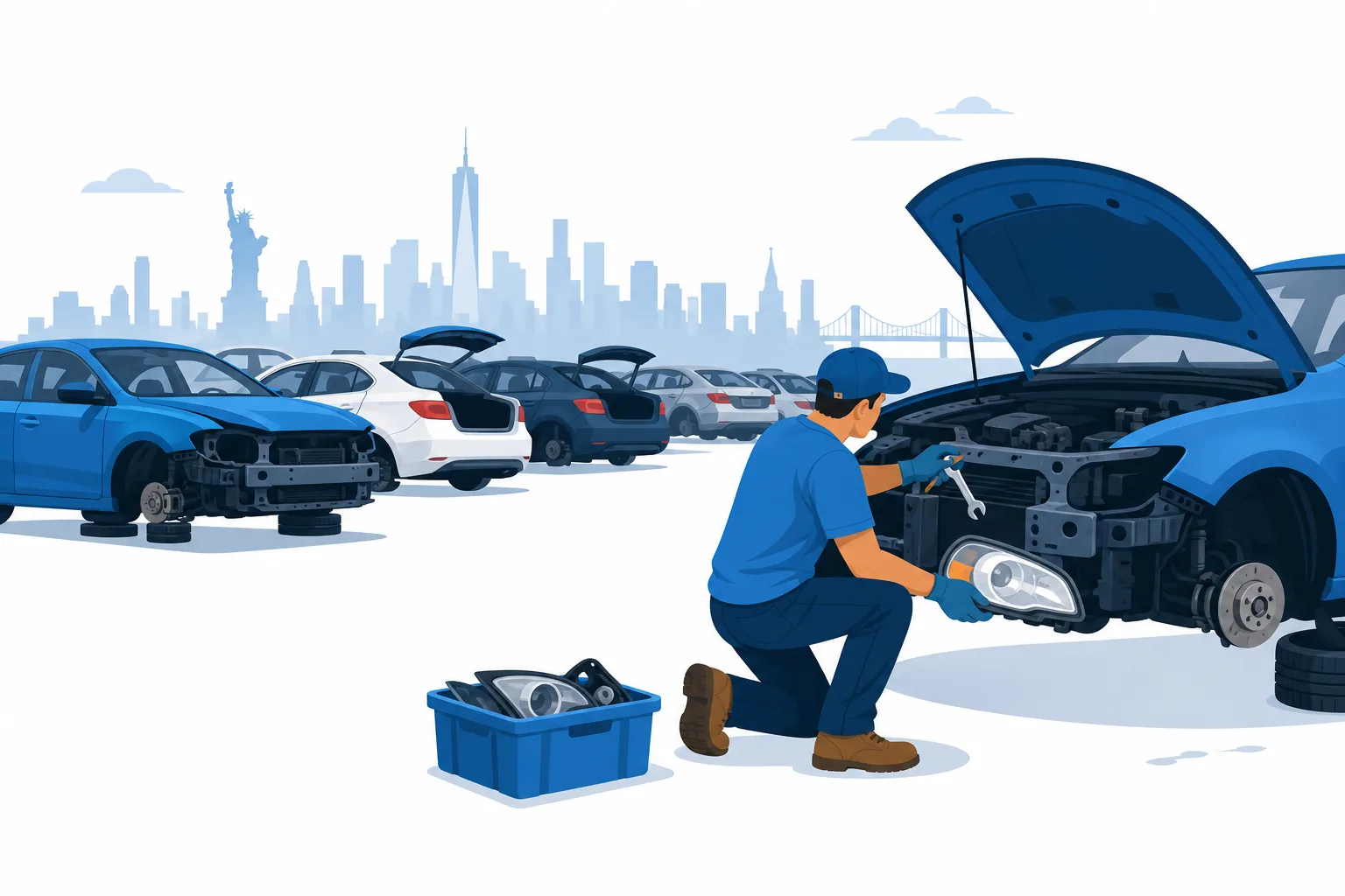 Yonke de carros en New York con filas de carros para partes usadas y el perfil de la ciudad al fondo