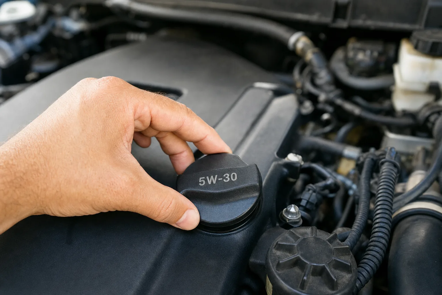 Tapa de llenado de aceite del motor con la viscosidad 5W-30 impresa encima