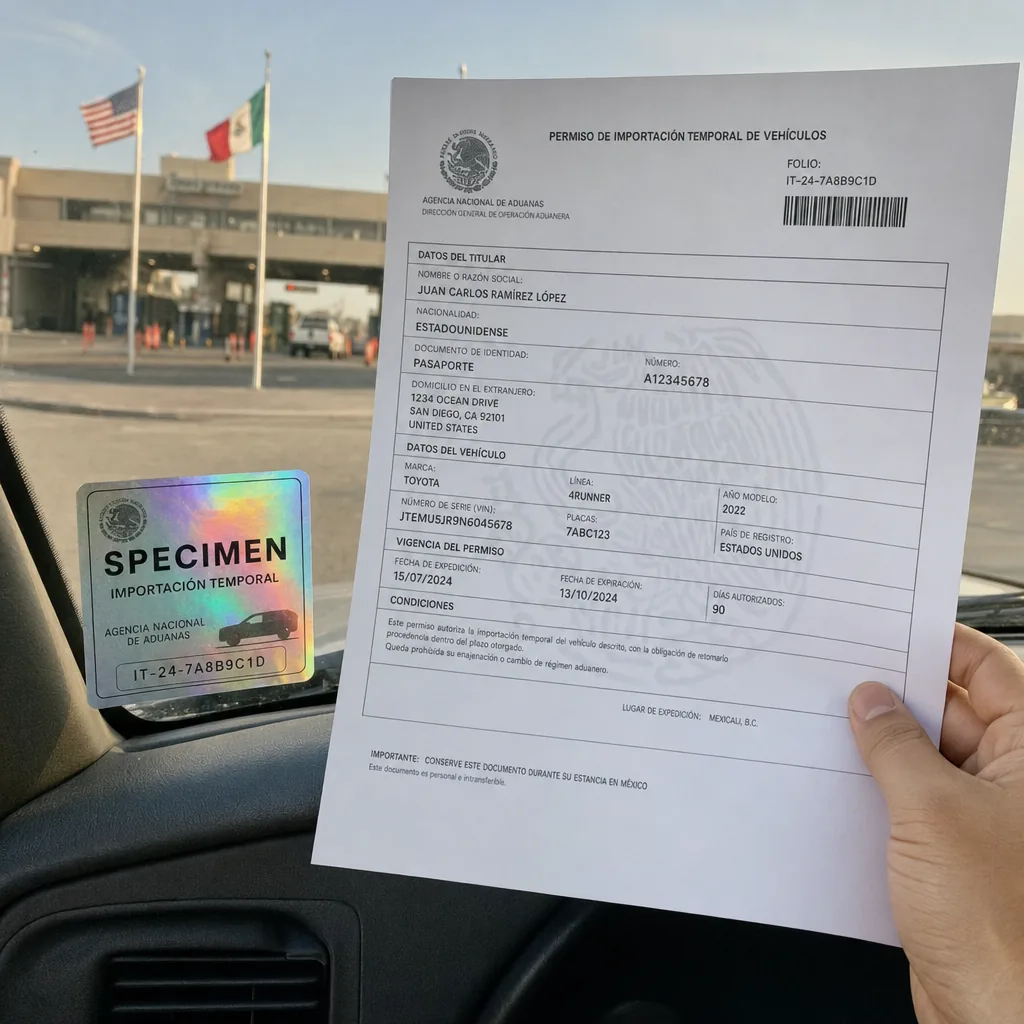 Holograma del permiso de importacion temporal pegado en el parabrisas y el permiso impreso en la mano (muestra)