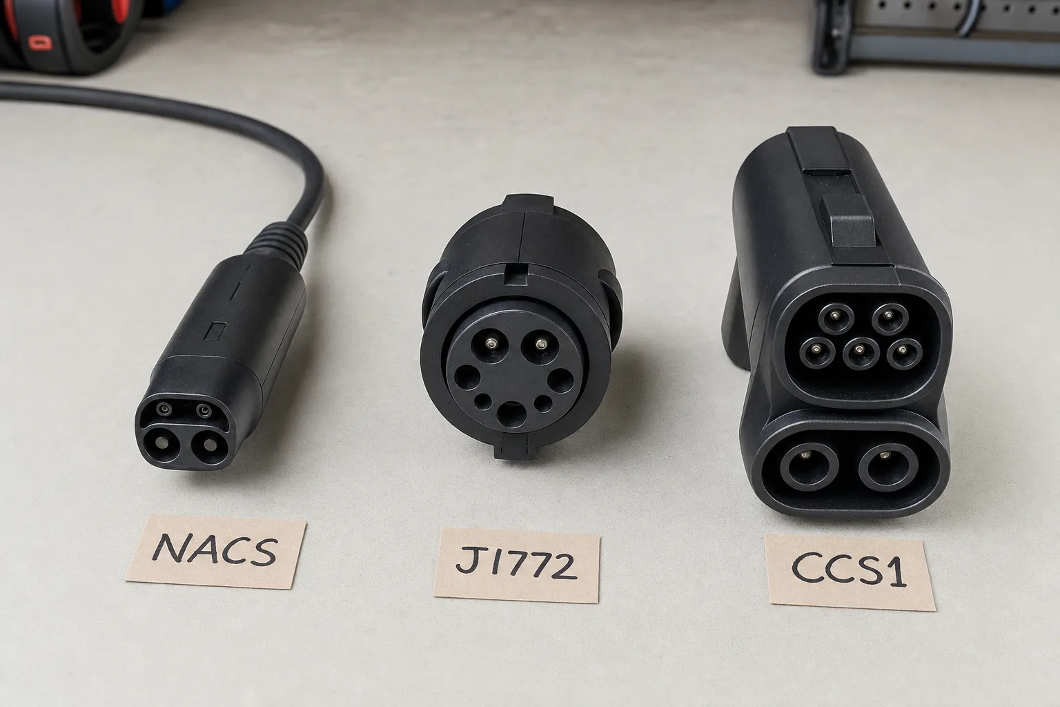 Comparacion de los tres conectores de carga: NACS de Tesla, adaptador J1772 y adaptador CCS Combo 1