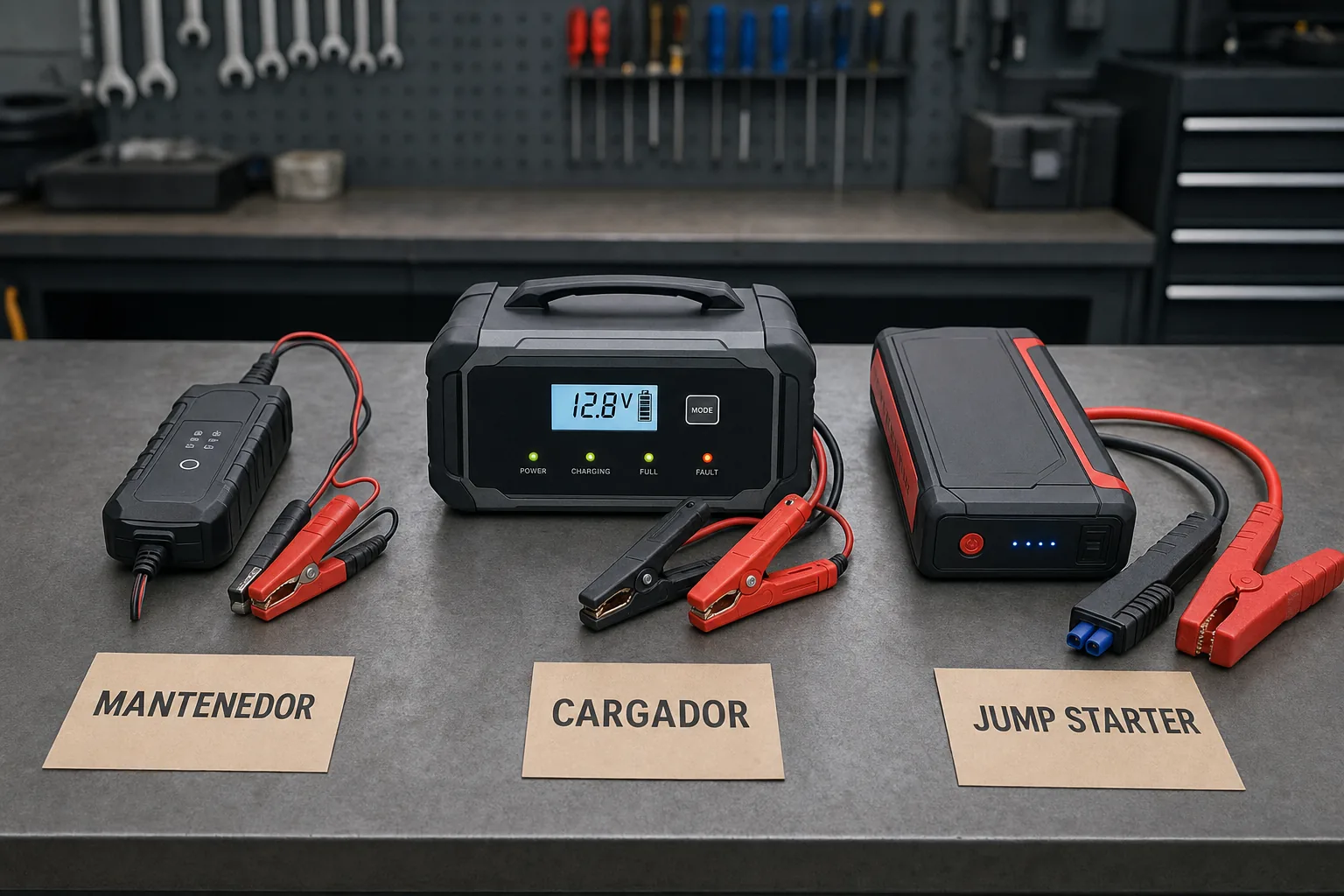 Los tres aparatos comparados: mantenedor de goteo, cargador inteligente y jump starter portatil