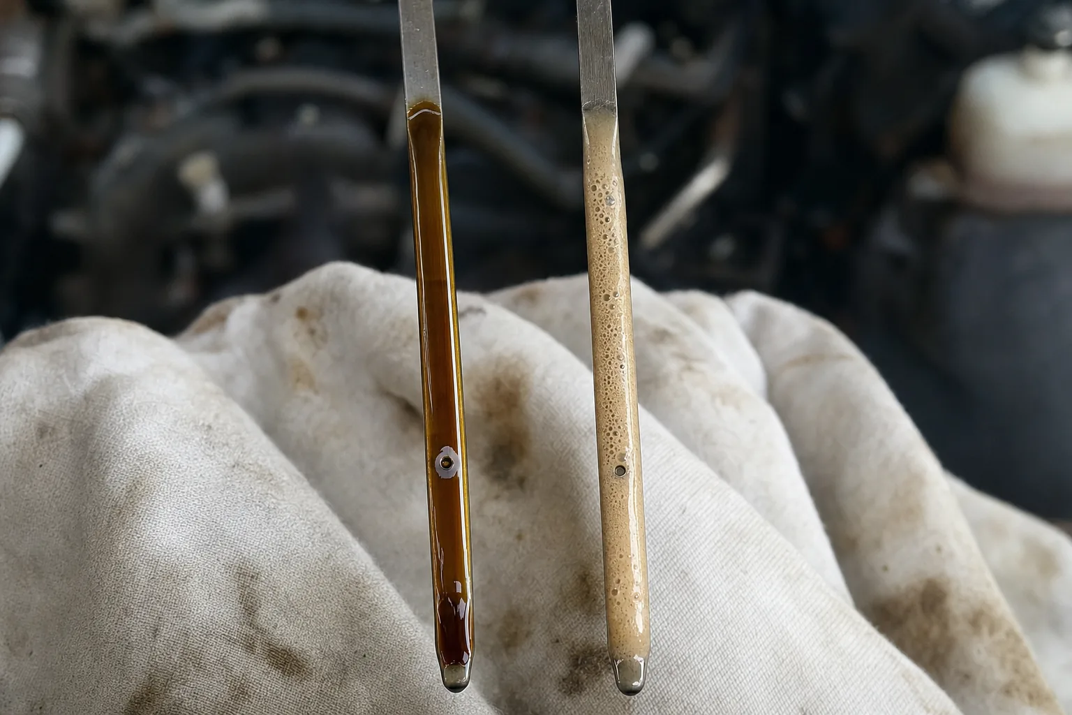 Dos varillas de aceite comparadas: aceite sano color ambar contra aceite lechoso, señal de falla grave del motor