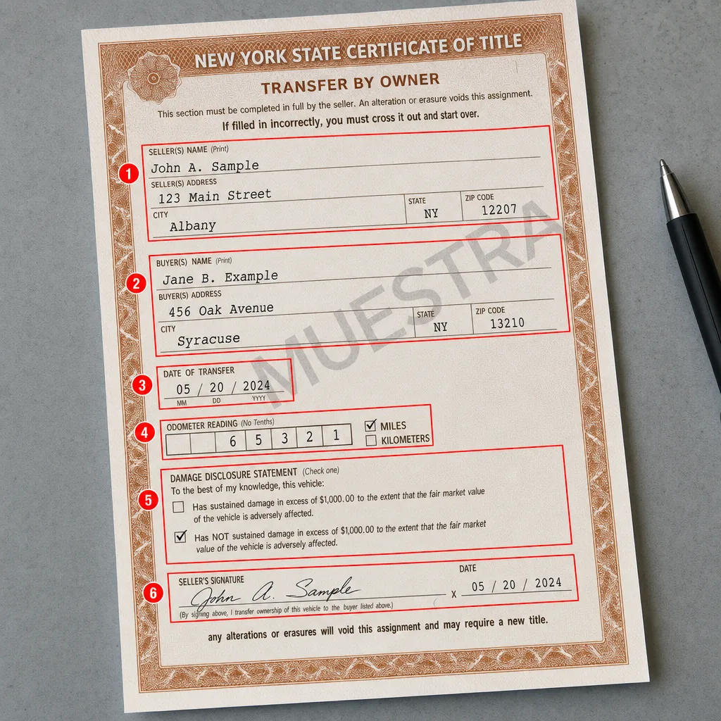 Reverso de un titulo de New York (muestra) con la seccion Transfer by Owner y numeros que marcan el orden para llenarla