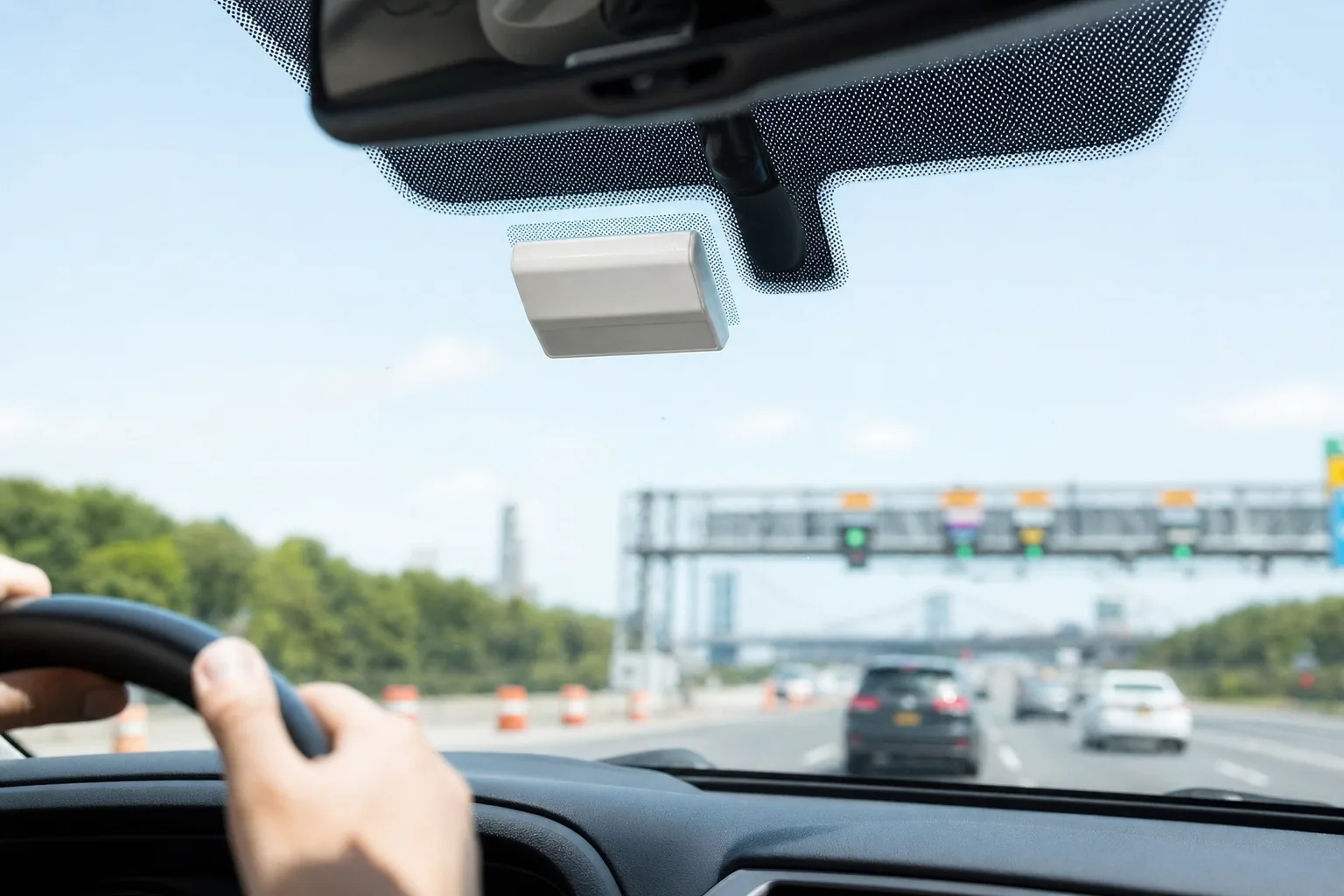 Tag de peaje tipo E-ZPass bien montado en el parabrisas, detras del espejo retrovisor