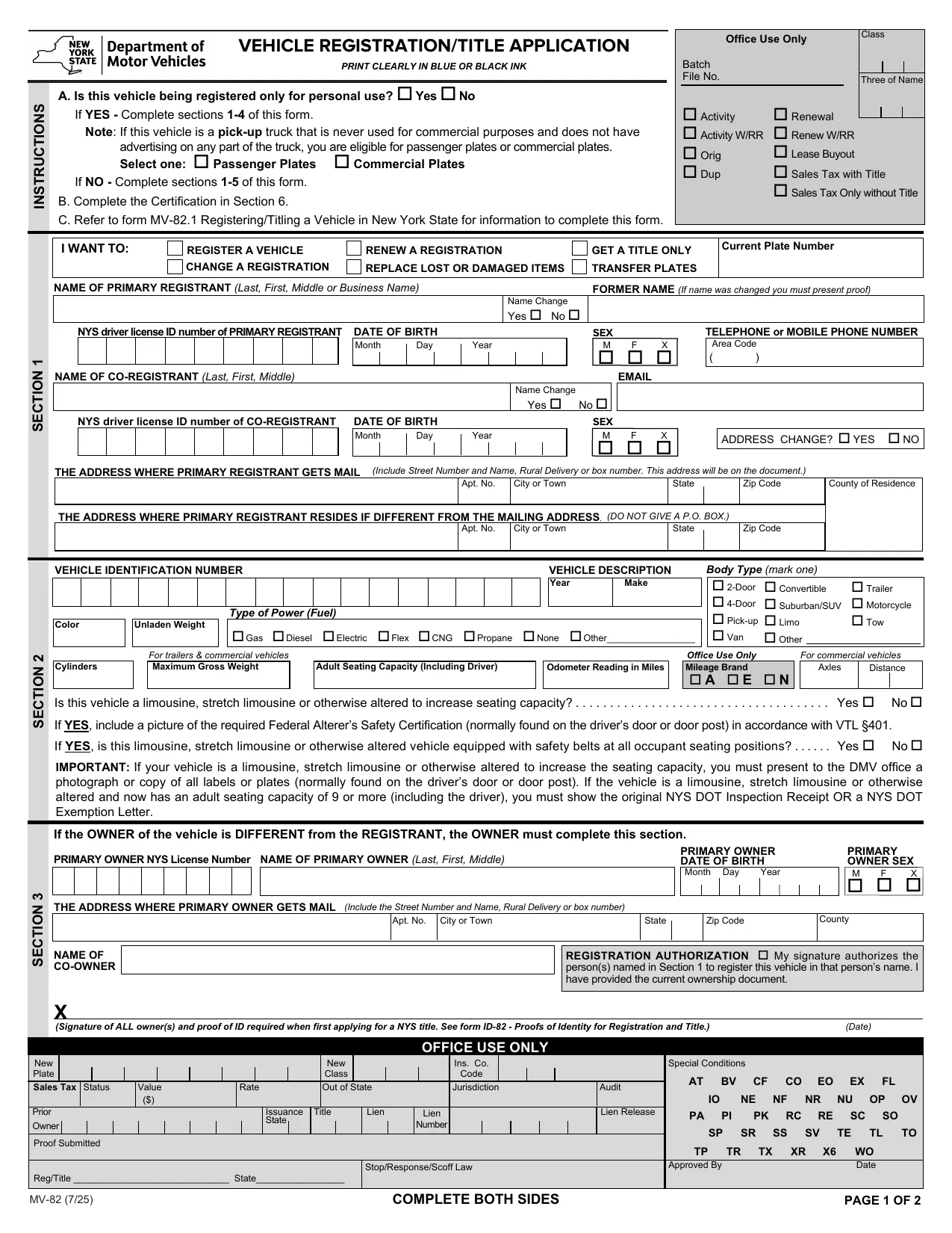 Formulario MV-82 del DMV de New York, la solicitud de registracion y titulo, con los bloques principales resaltados
