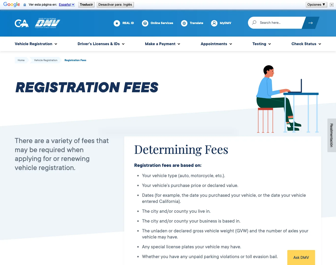 Pagina oficial de tarifas de registracion del DMV de California (dmv.ca.gov)