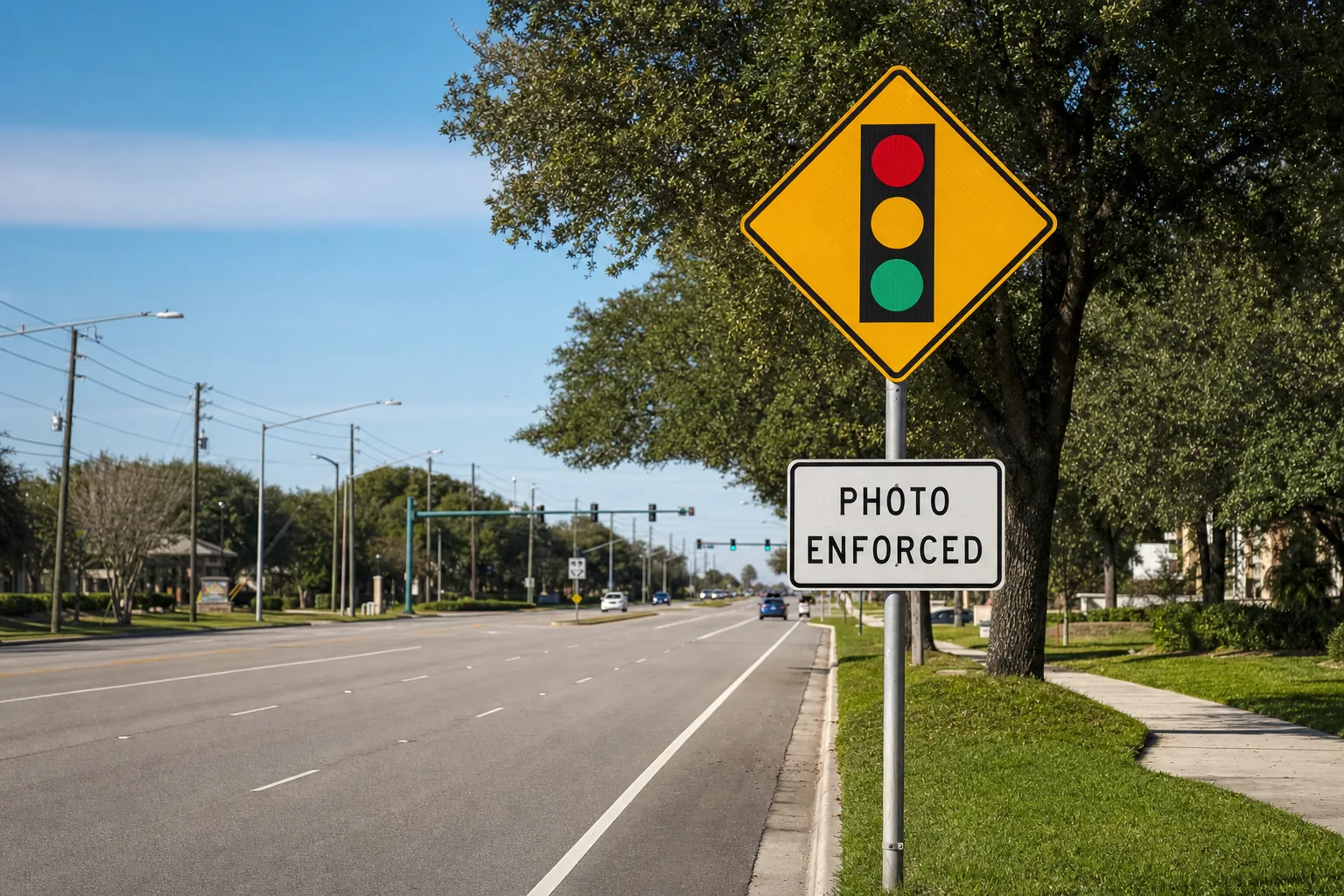 Cartel de PHOTO ENFORCED antes de una interseccion con semaforo en Estados Unidos