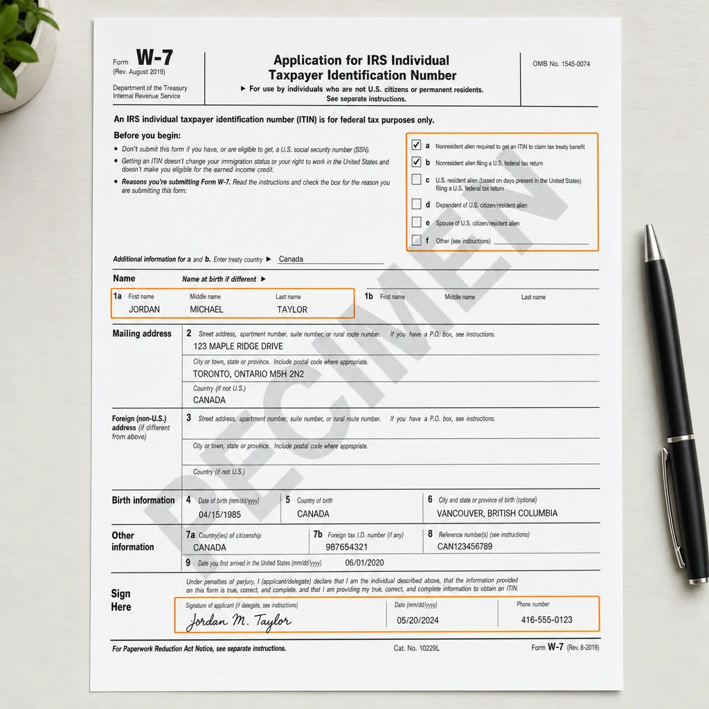 Formulario W-7 del IRS de muestra con las secciones clave resaltadas: razon de la solicitud, nombre y firma