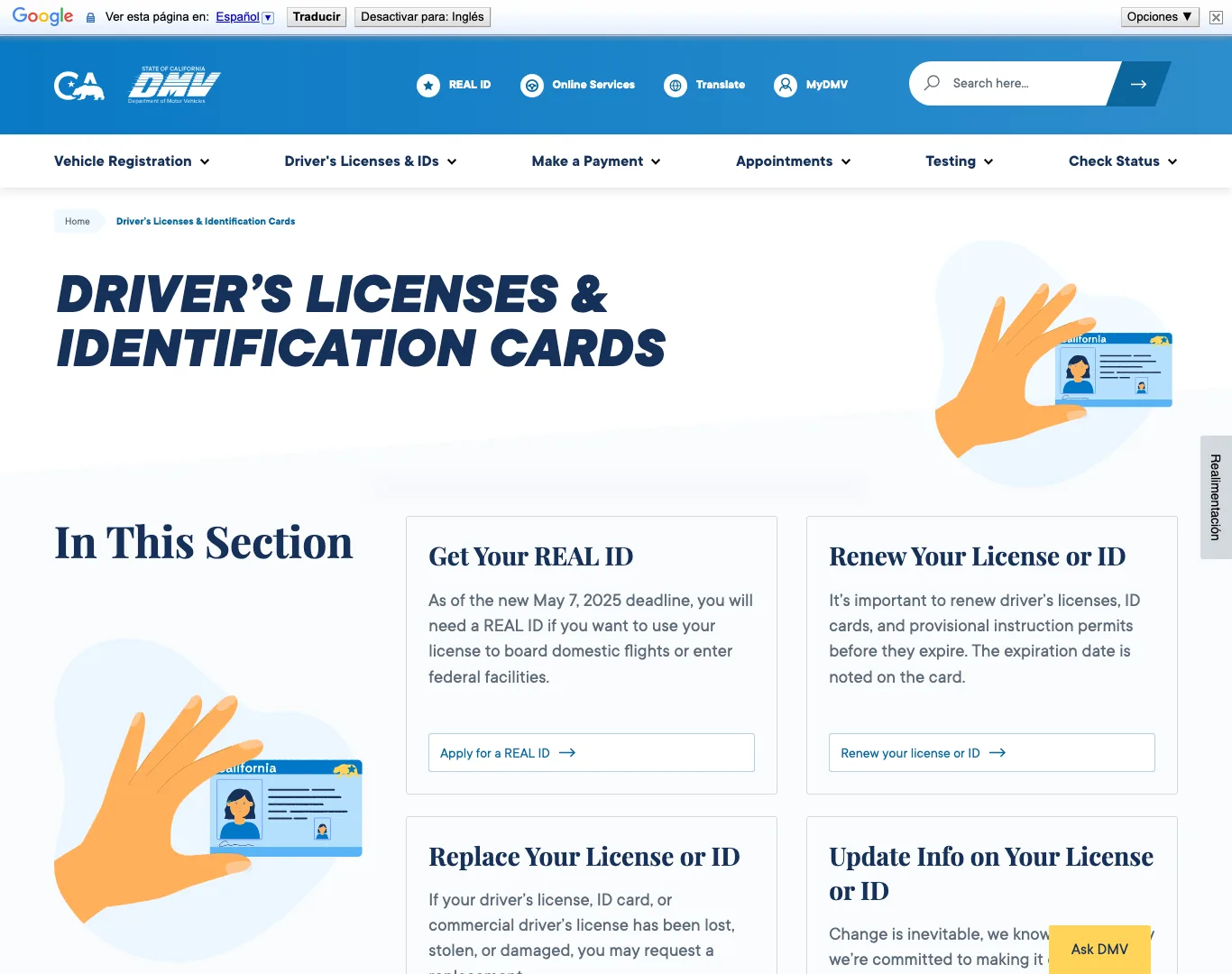 Página oficial de licencias de conducir del DMV de California (dmv.ca.gov)
