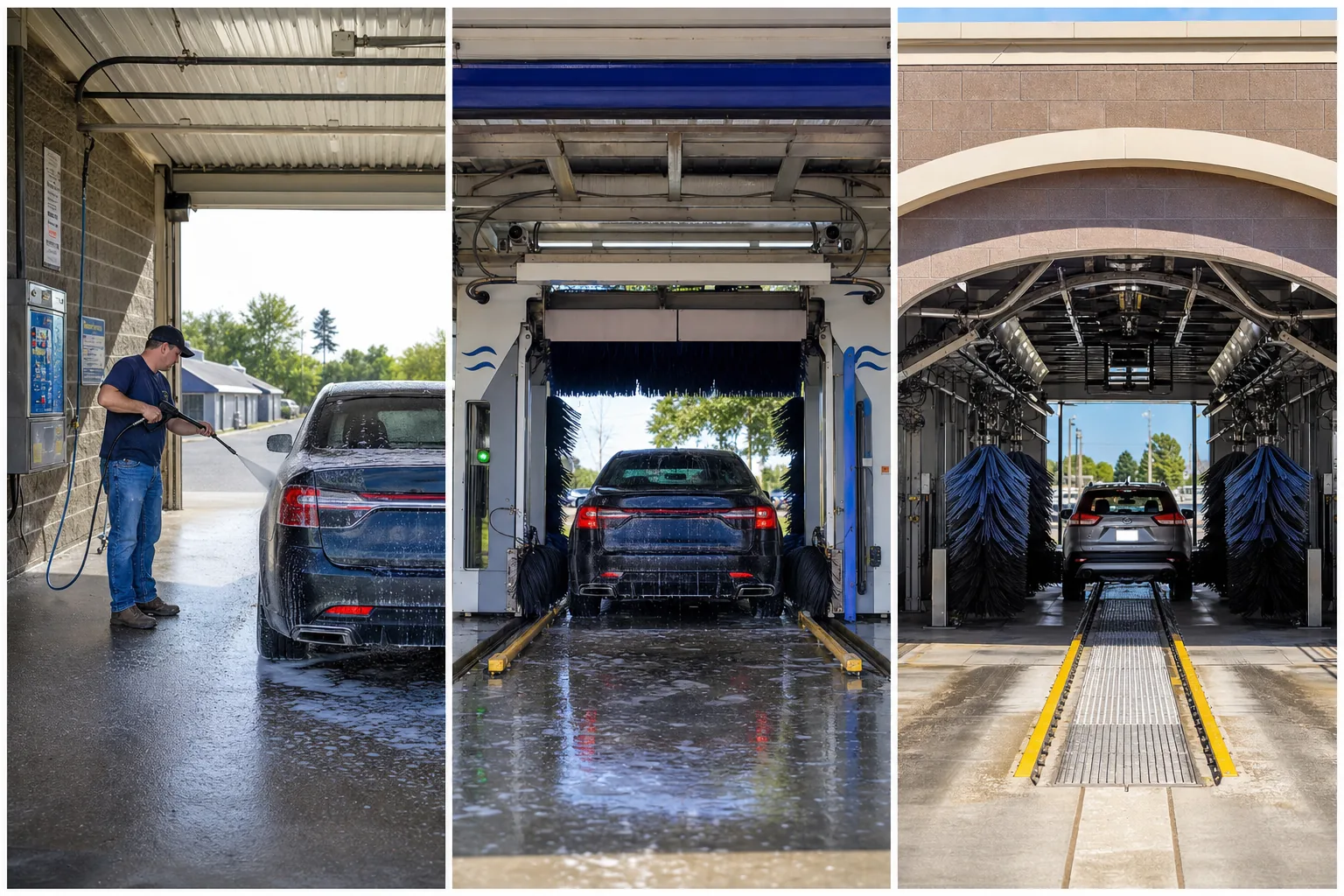 Los tres formatos de car wash en Estados Unidos: bahia de autoservicio, automatico en bahia y tunel express
