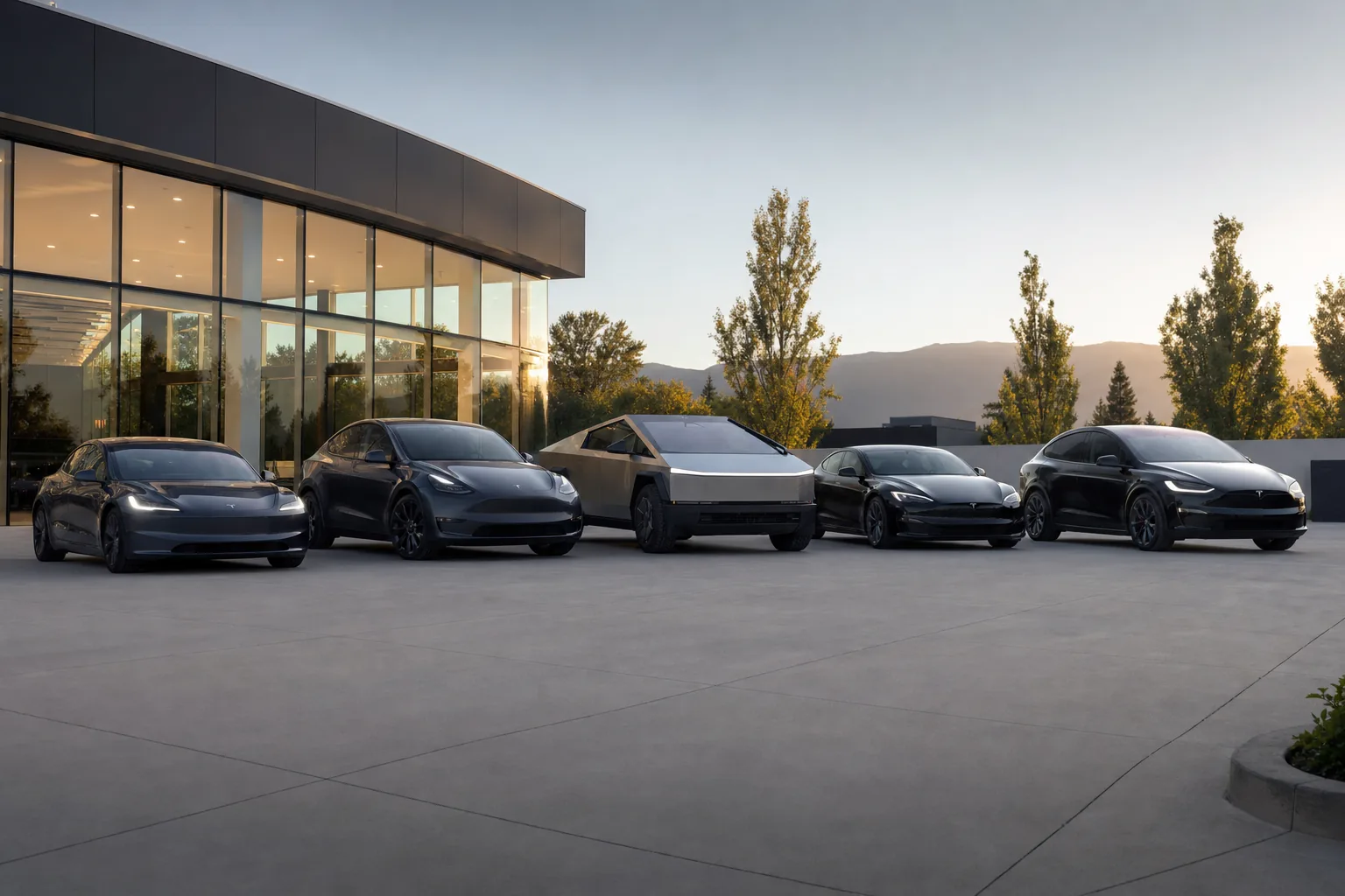 La gama Tesla alineada frente a un concesionario: Model 3, Model Y, Cybertruck, Model S y Model X