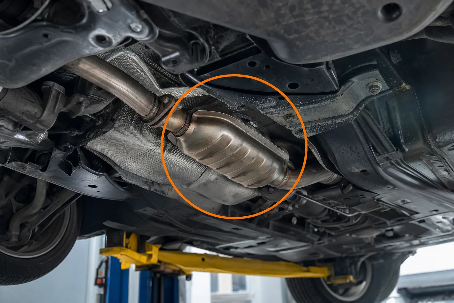 Catalizador visto por debajo del carro, el canasto ovalado metalico en la linea de escape