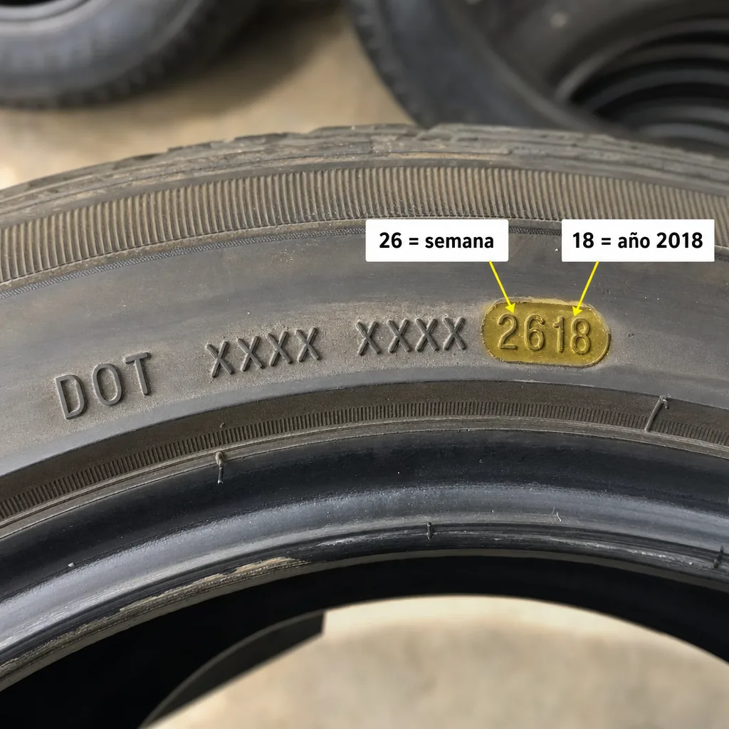 Primer plano del código DOT en el costado de una llanta con los últimos cuatro dígitos resaltados que indican semana y año de fabricación