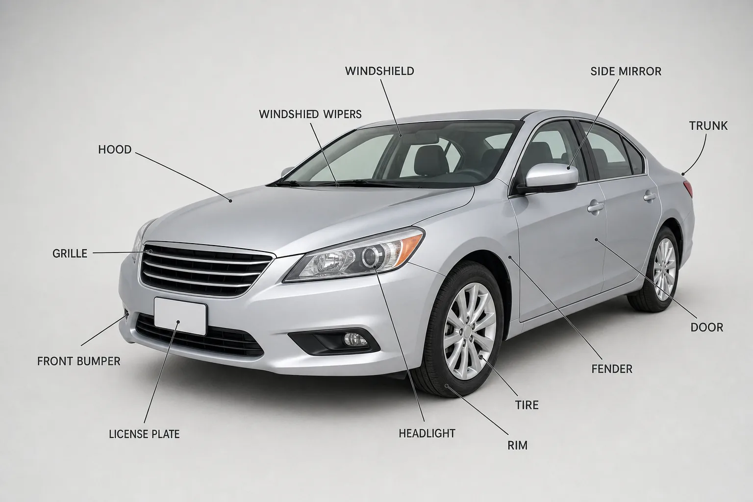 Carro visto de tres cuartos con rótulos en inglés señalando cada parte del exterior: hood, bumper, fender, windshield, trunk y más